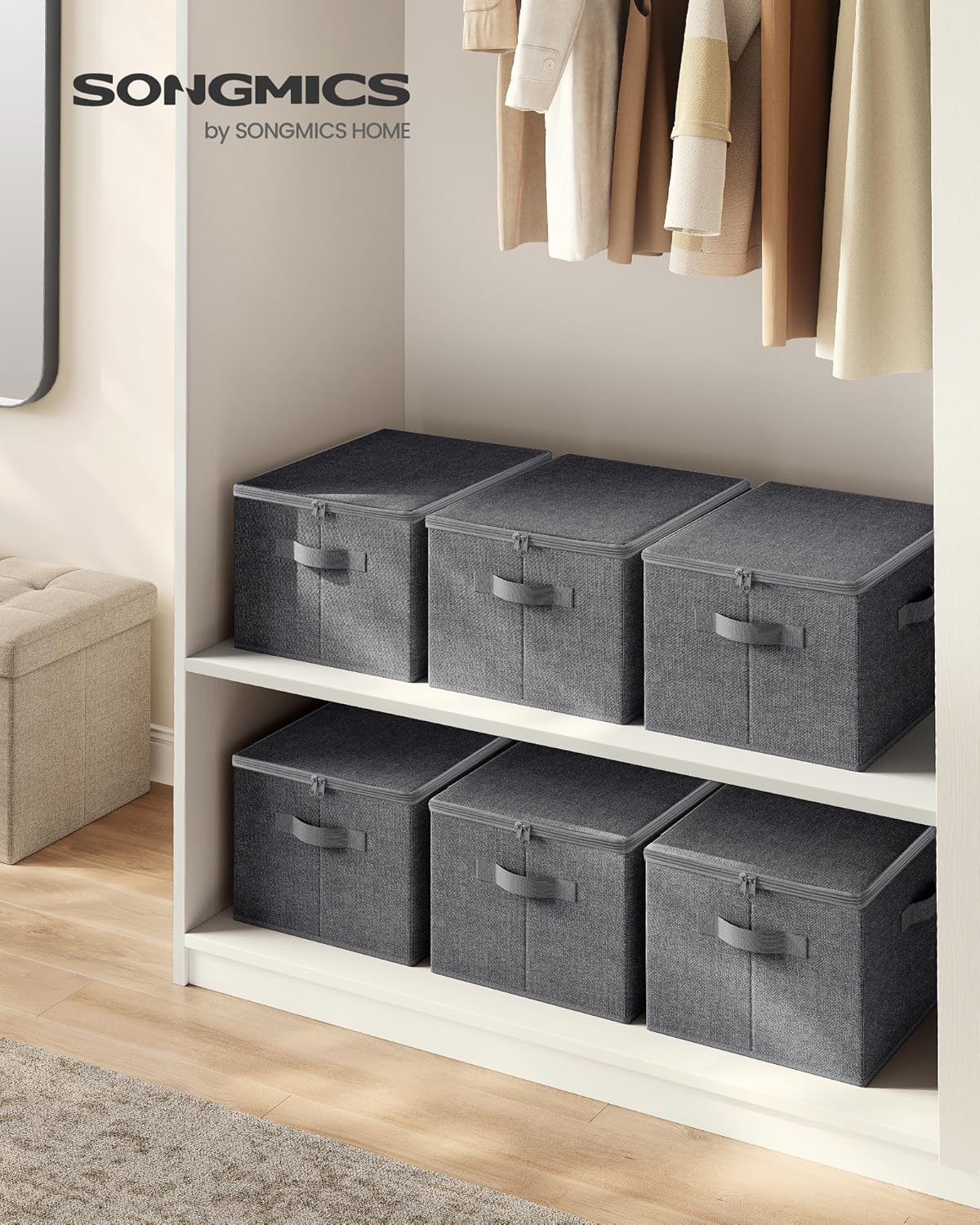Detalle de SONGMICS Boîte de rangement pliable avec couvercle et poignées (lot de 3), tissu non-tissé, gris ardoise RYZB03G