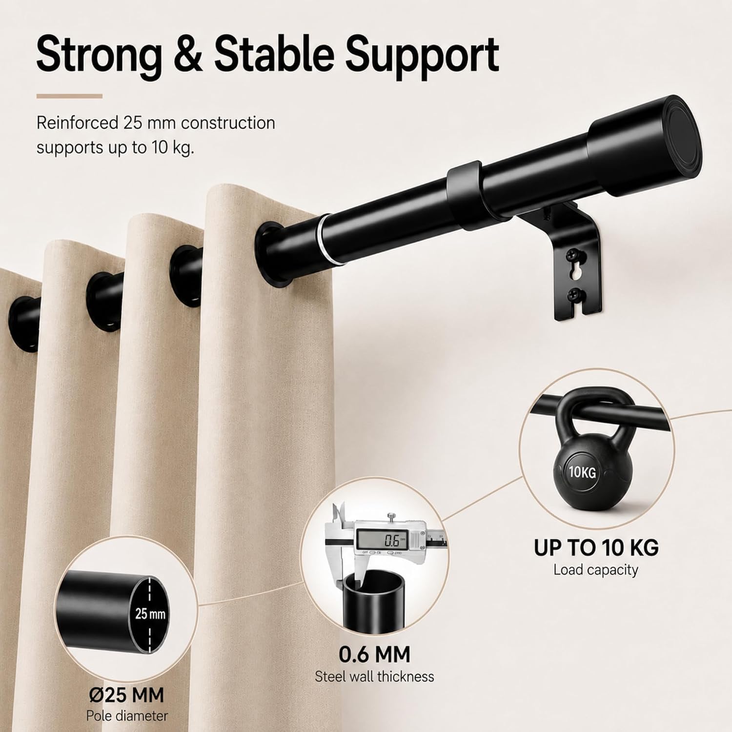 Thumbnail 2 de Venwemong Adjustable Stainless Steel Curtain Pole, 25 mm, Silver