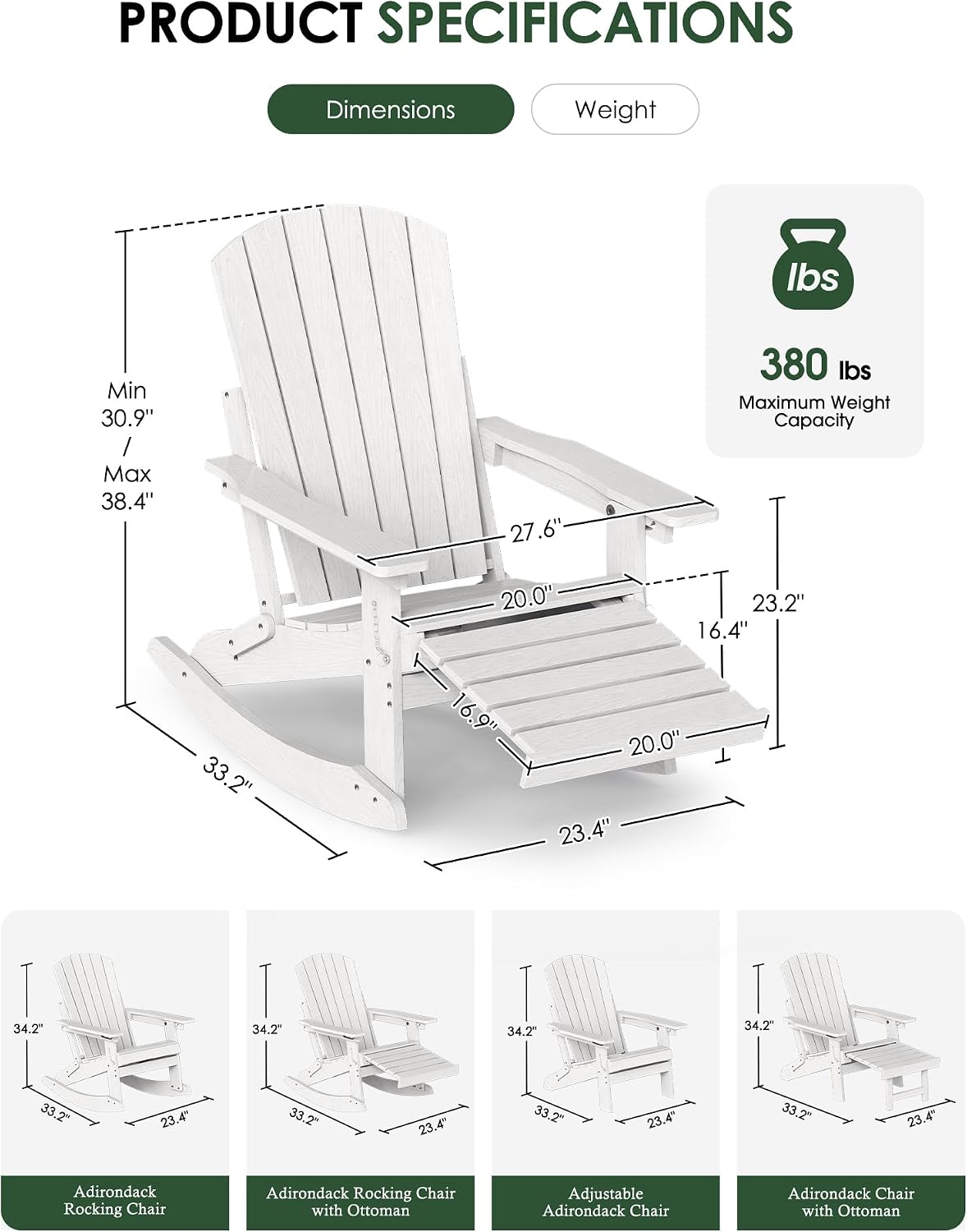Detalle de SUUNYN 4-in-1 Rocking Adirondack Chair with Footrest, White HDPE
