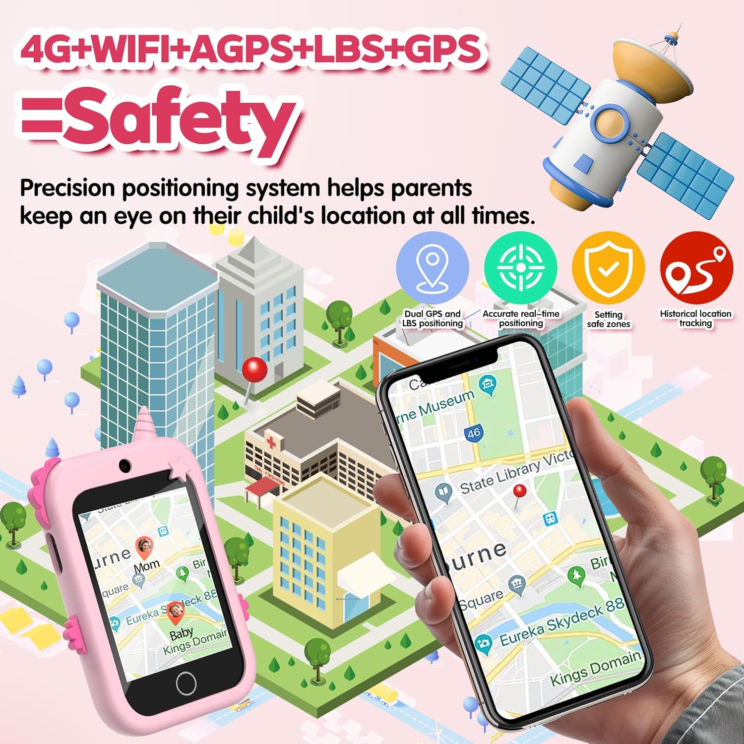 Detalle de 4G Téléphone Portable pour Enfants – Smartphone avec GPS, Appels/Vidéo et Double Caméra (Rose)