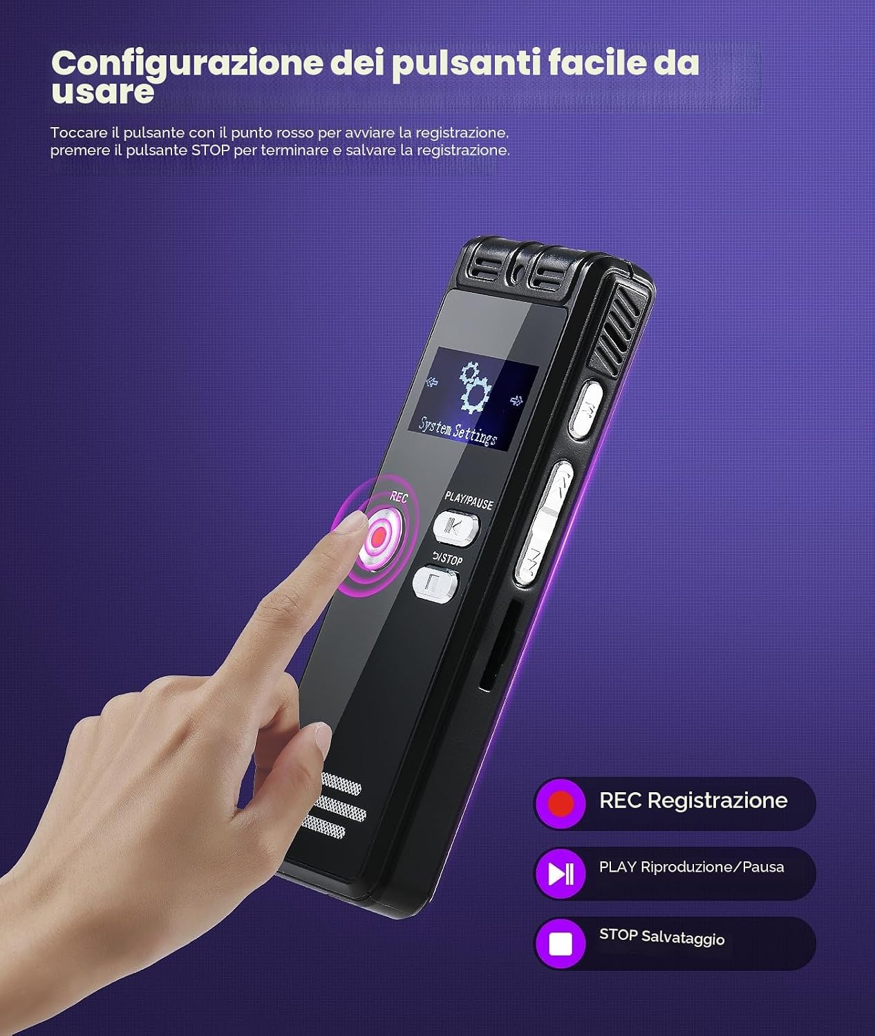 Detalle de NekSide Registratore vocale digitale 32 GB con One-Touch e Dual MIC: qualità e praticità per conferenze e interviste