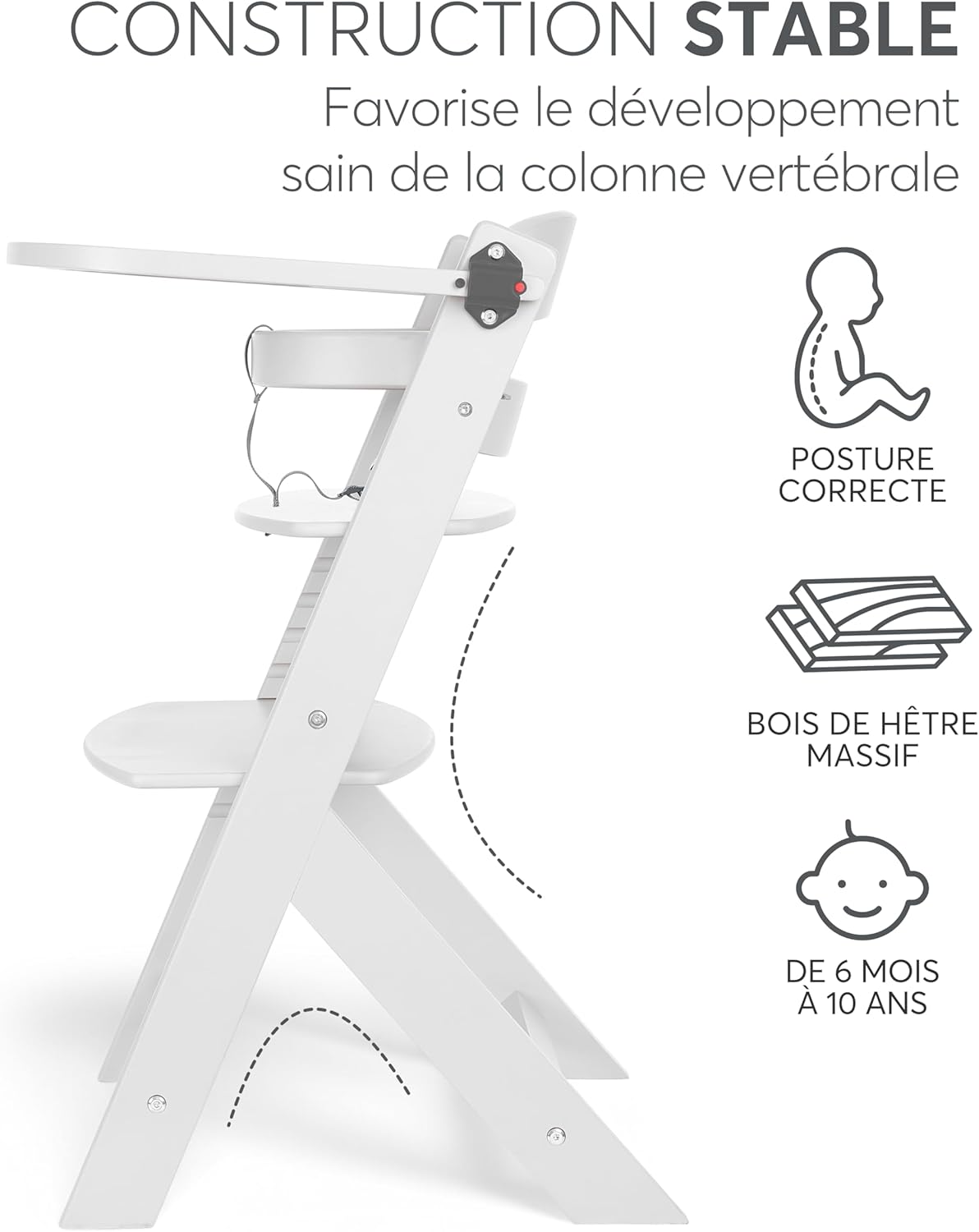 Detalle de KikkaBoo Chaise Haute Bébé Évolutive NORDY – chaise bois de hêtre, réglable jusqu’à 35 kg
