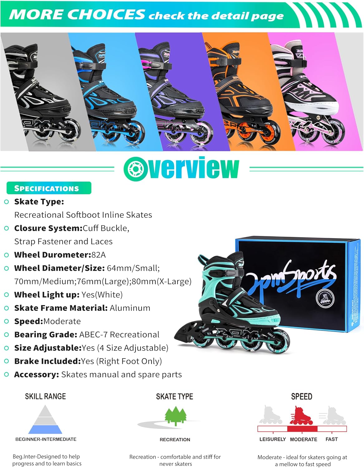 Thumbnail 6 de 2PM SPORTS Adjustable Inline Skates for Kids, Mint, Light-Up Wheels