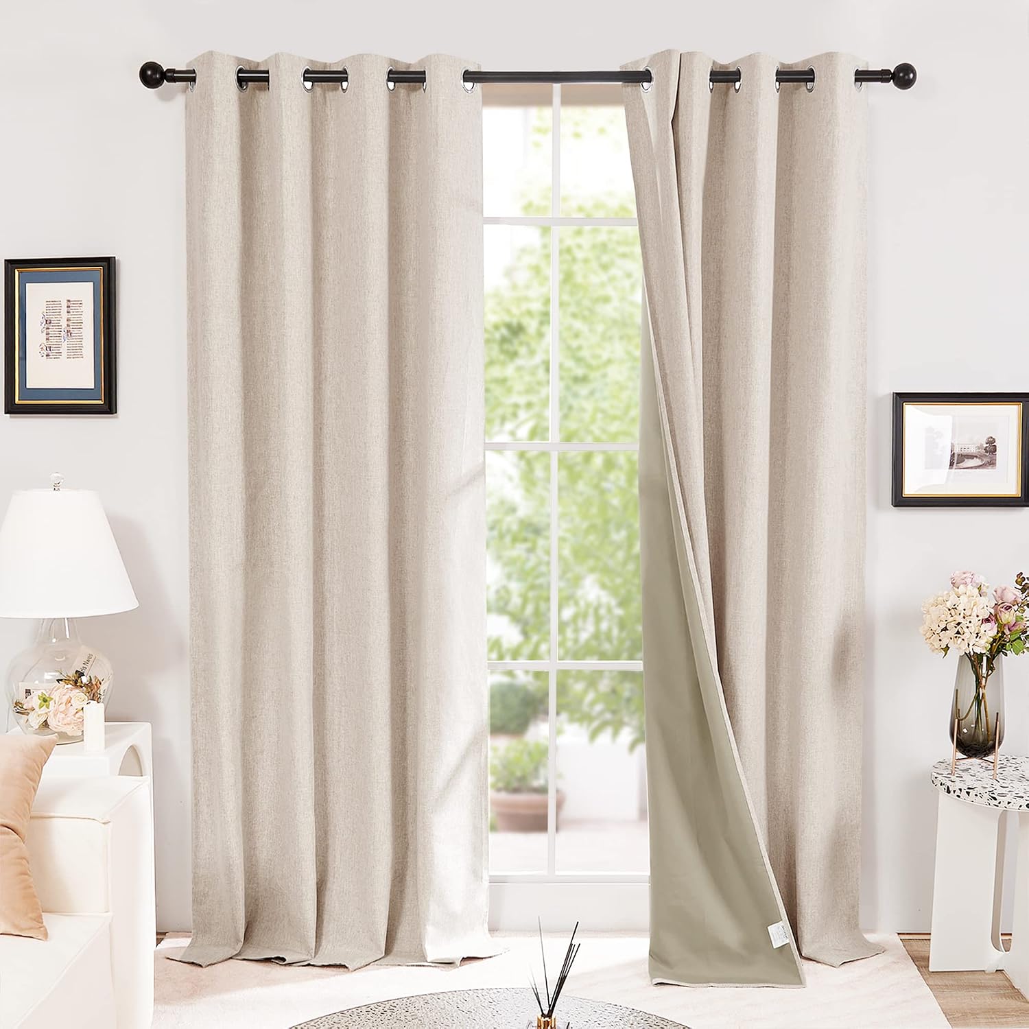 Detalle de Deconovo Faux Linen 100% Blackout Curtains with Eyelet — Pale Khaki, W55 x L96 Inch, 2 Panels