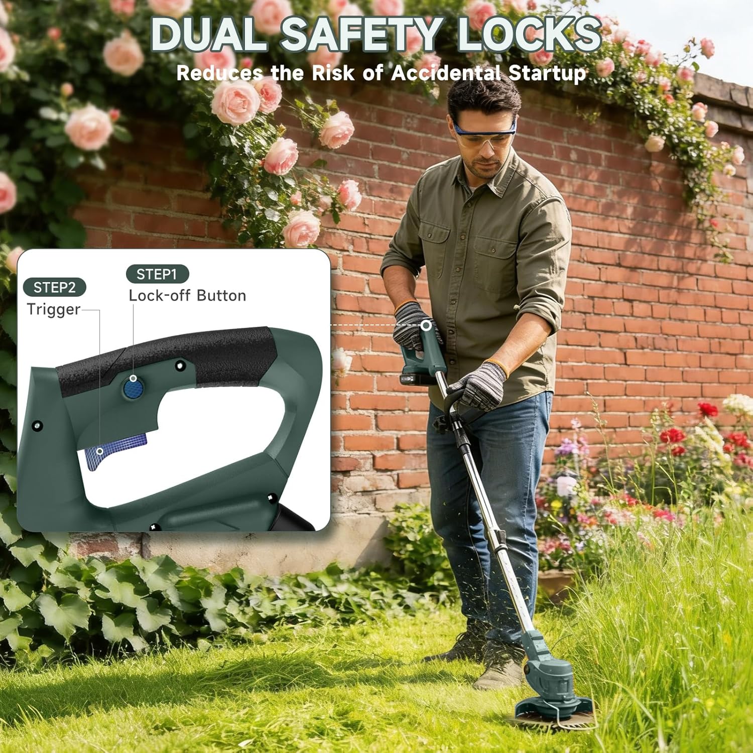 Detalle 2 de 21V Cordless Strimmer with 26 Blades and 90° Adjustable Head — Deep Green