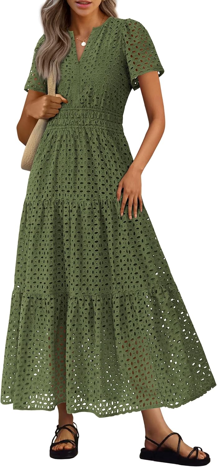 Detalle de PrettyGarden Women's 2026 Summer Maxi Dress with Eyelet — V-Neck A-Line Long Beach Dress