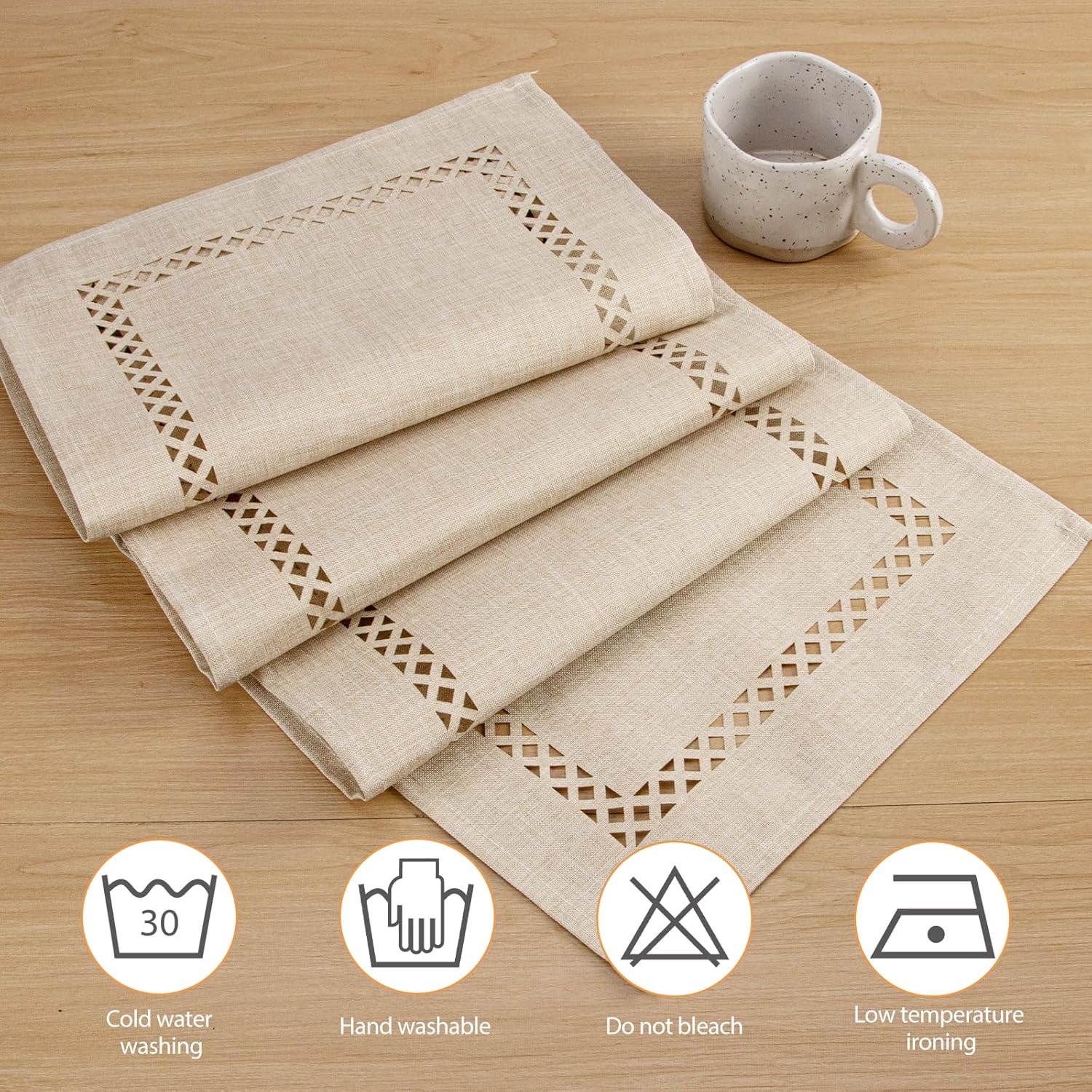 Detalle de BAZIOE Modern Table Runner Beige Linen Blend with Openwork Laser-Cut Pattern