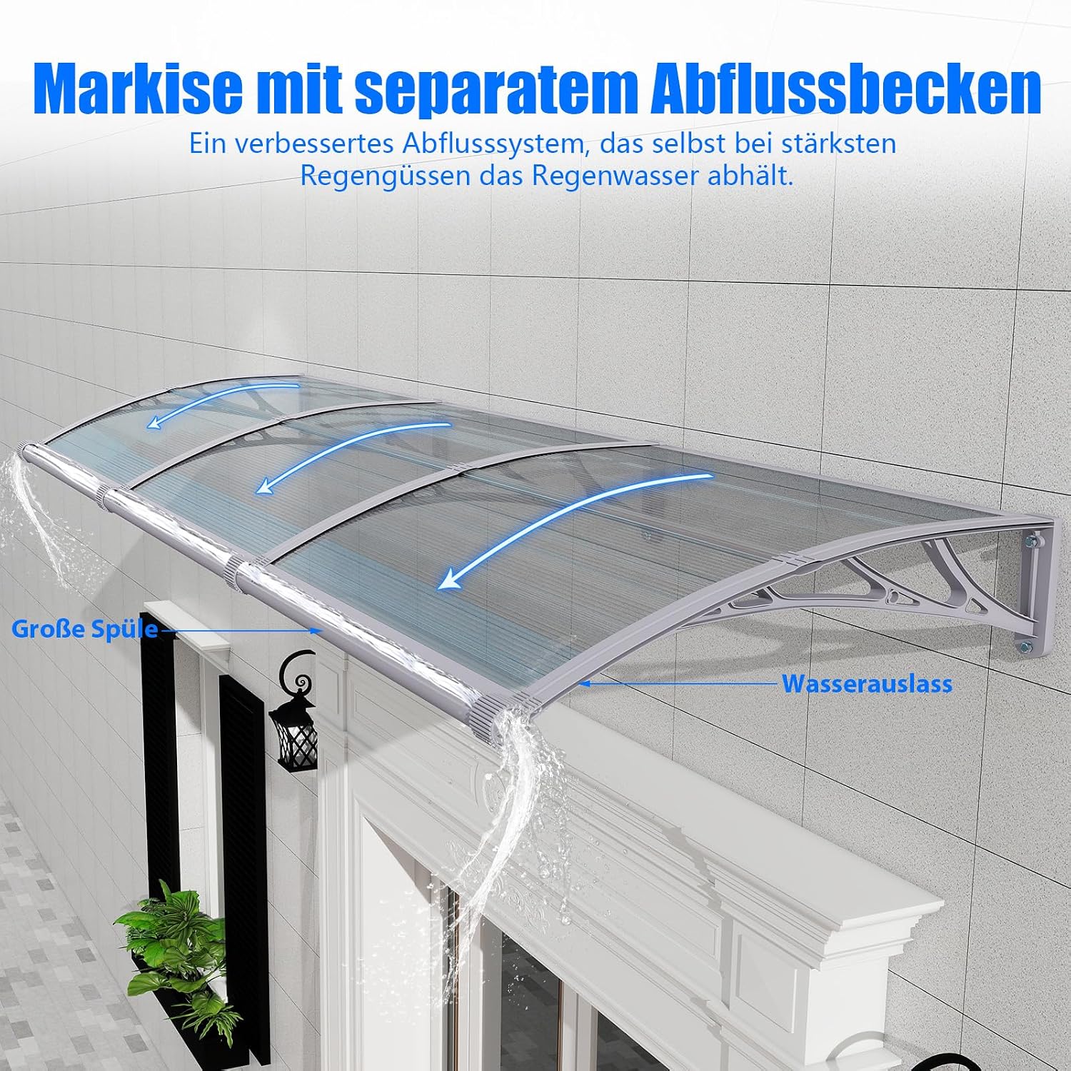Detalle 2 de Vordach für Haustür 120x80 cm – Polycarbonat-Pultvordach mit Abfluss, UV-Schutz und Wetterschutz
