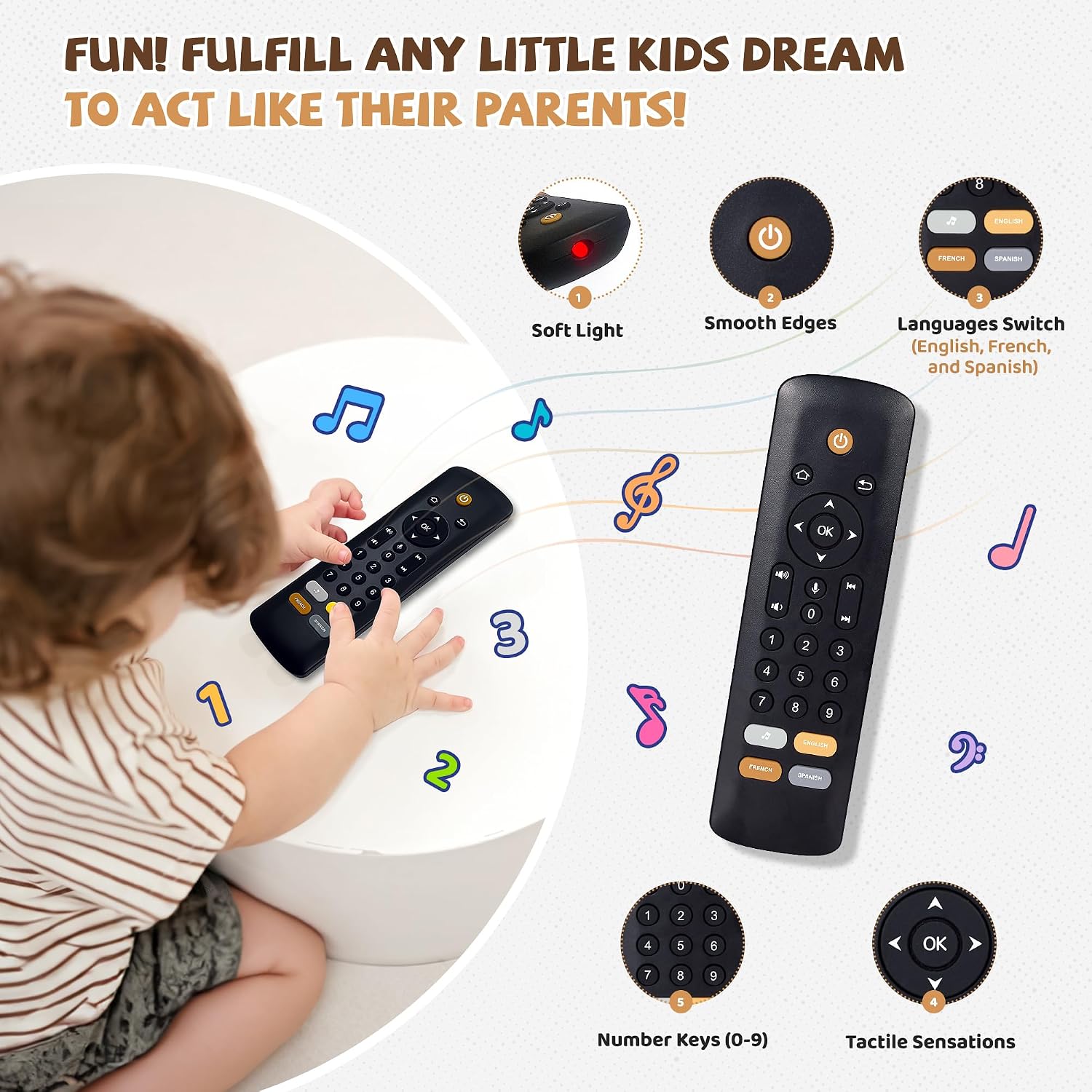 Thumbnail 1 de Baby TV Remote Toy – Realistic play remote with lights, sounds and 3 languages (English, Spanish & French), black