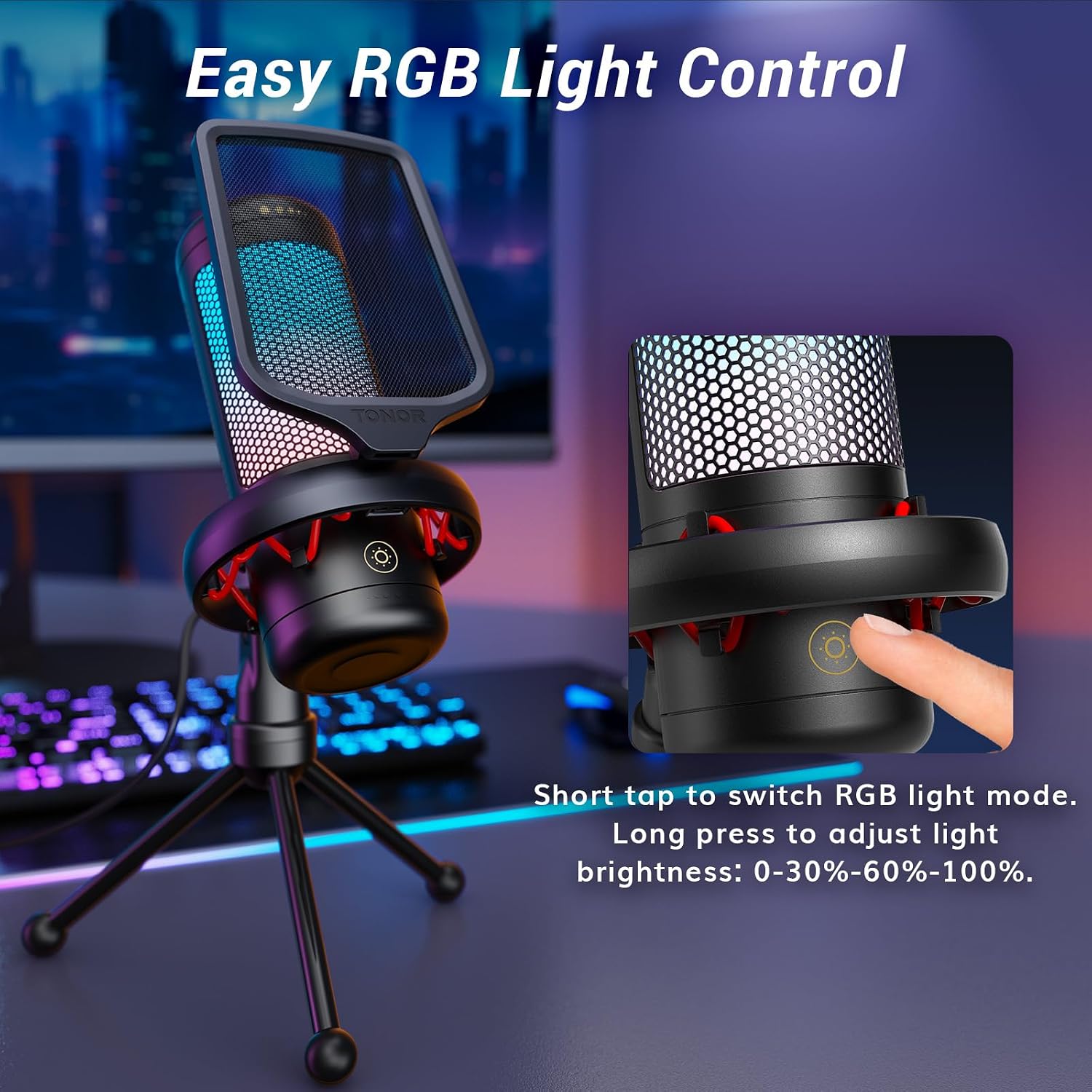 Detalle 2 de TONOR TC310 USB Condenser Gaming Microphone with RGB, Quick Mute and Gain Control
