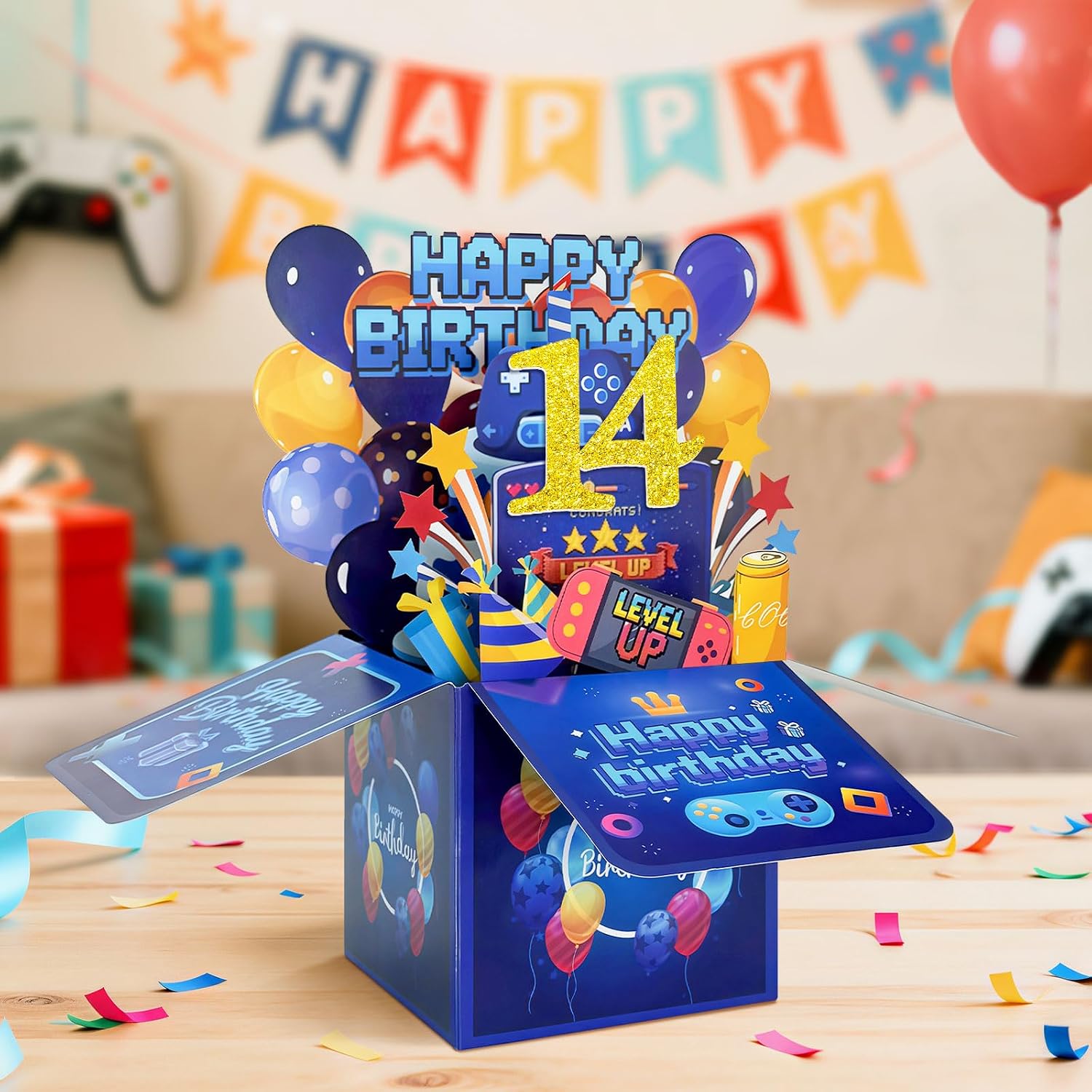 Detalle 2 de Hierein 14th Birthday Card – Pop Up 14 with LEVEL UP design