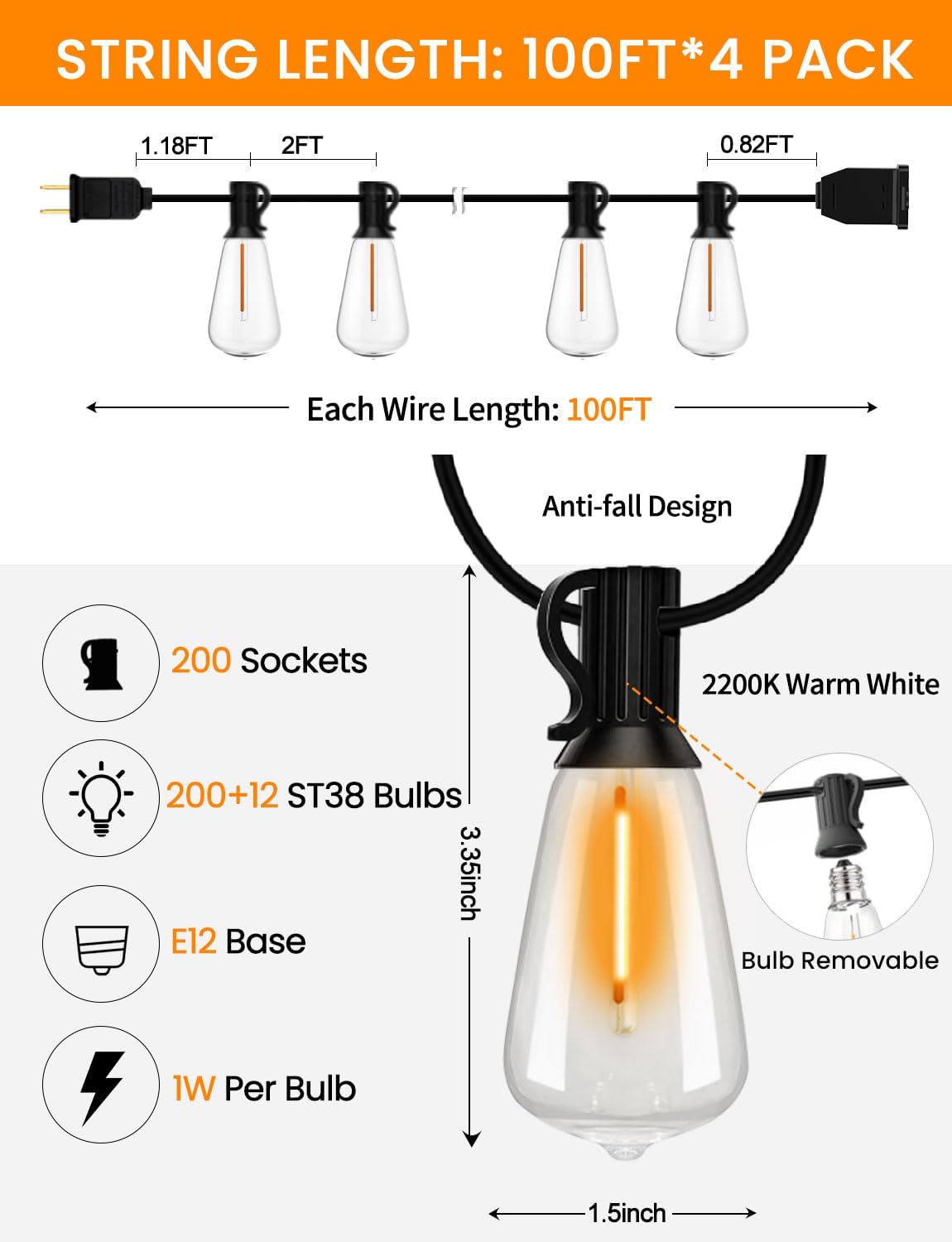Detalle 2 de LED Outdoor String Lights 400ft with 212 Shatterproof ST38 Bulbs — Weatherproof, Dimmable, Connectable Patio Lighting