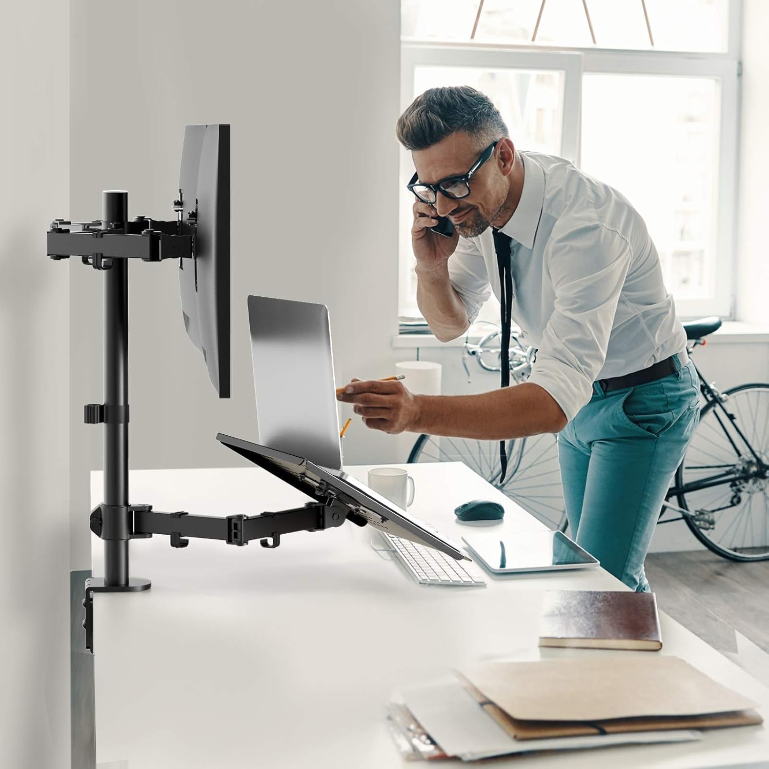 Thumbnail 6 de HUANUO Laptop Mount: Height‑Adjustable Dual Monitor Mount with Laptop Tray for 13–27in Monitors and 10–17in Notebooks