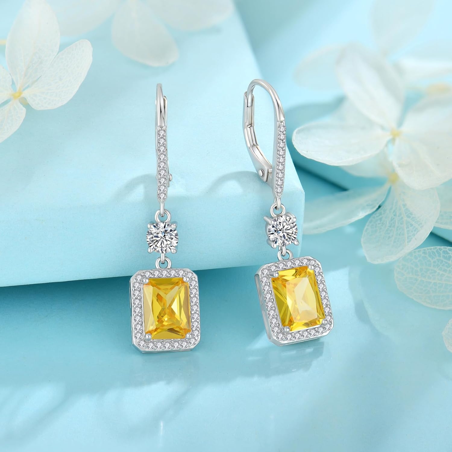 Thumbnail 3 de Rectangular Cut Dangle Drop Earrings in 925 Sterling Silver with Birthstone & Leverback Clasp