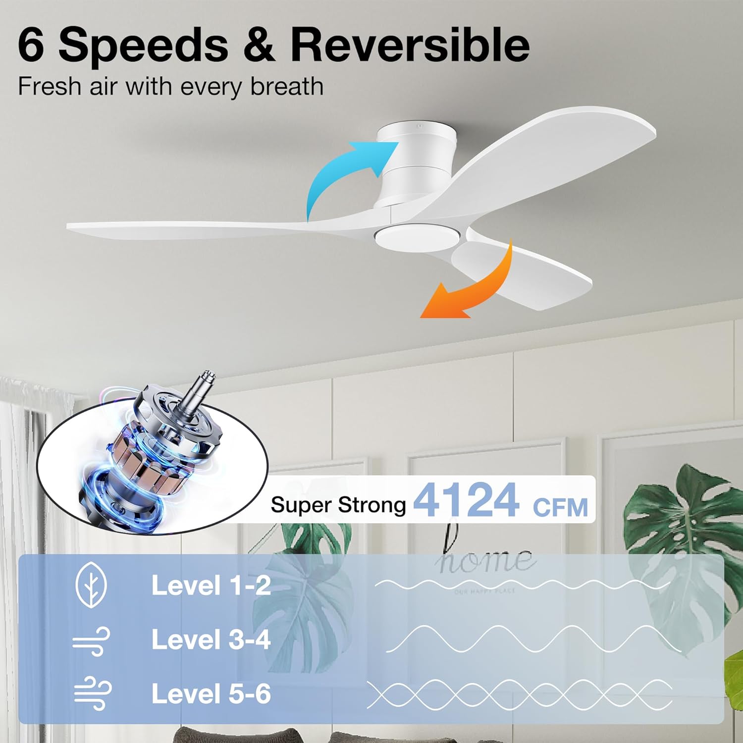 Thumbnail 4 de 52-Inch Wood Ceiling Fan with Lights Remote, Low Profile Flush Mount — Damp-Rated, 6-Speed Quiet DC with Dimmable LED