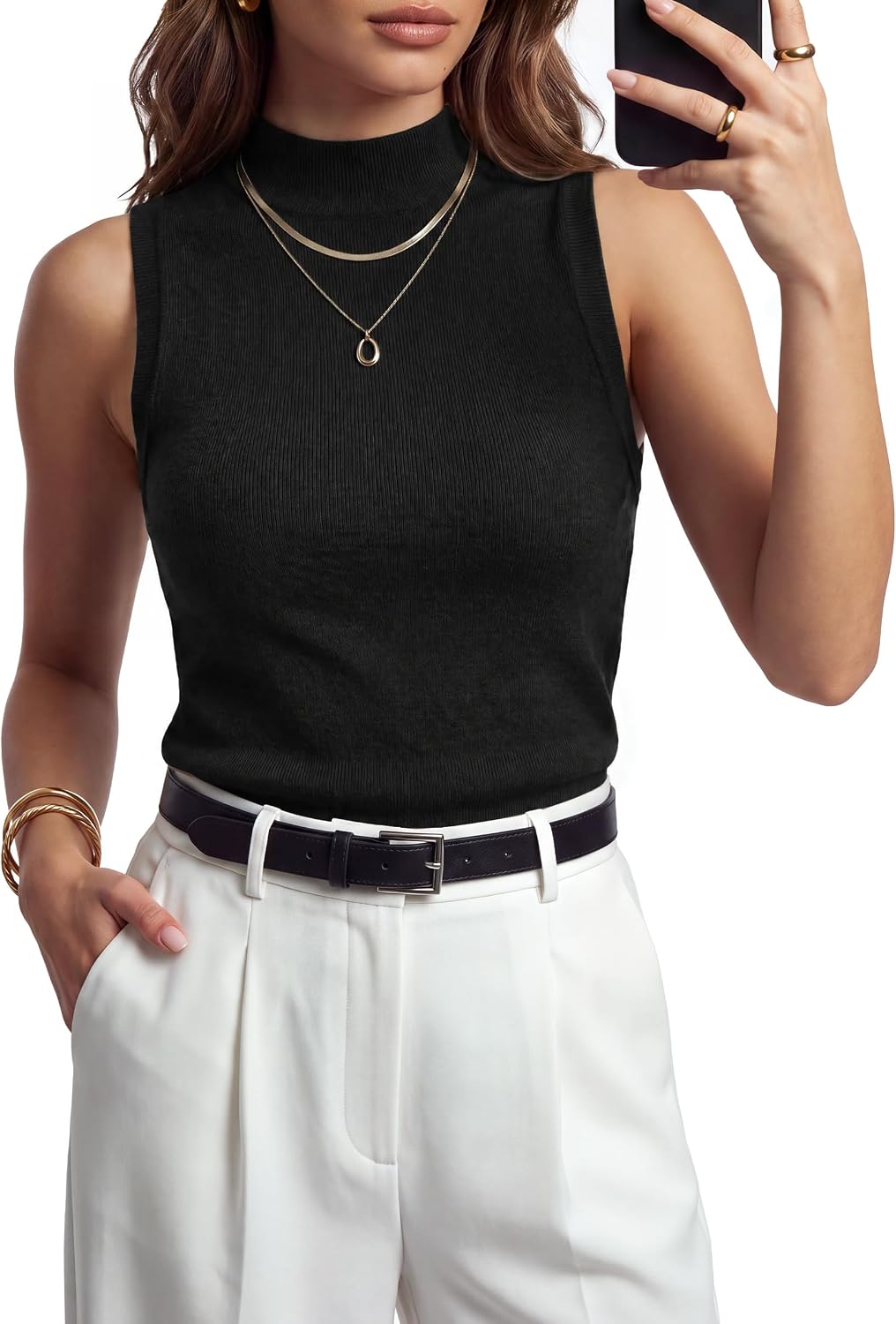 Detalle de Arach&Cloz Women's Wool-Blend Sleeveless Mock-Neck Sweater Tank