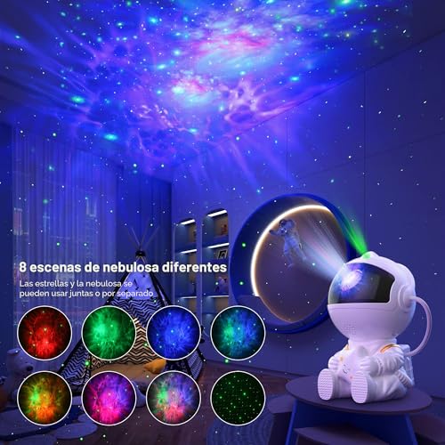 Detalle de Astronauta Proyector Galaxy de Macchiatto: Proyección 360° de galaxias y estrellas con 8 modos LED