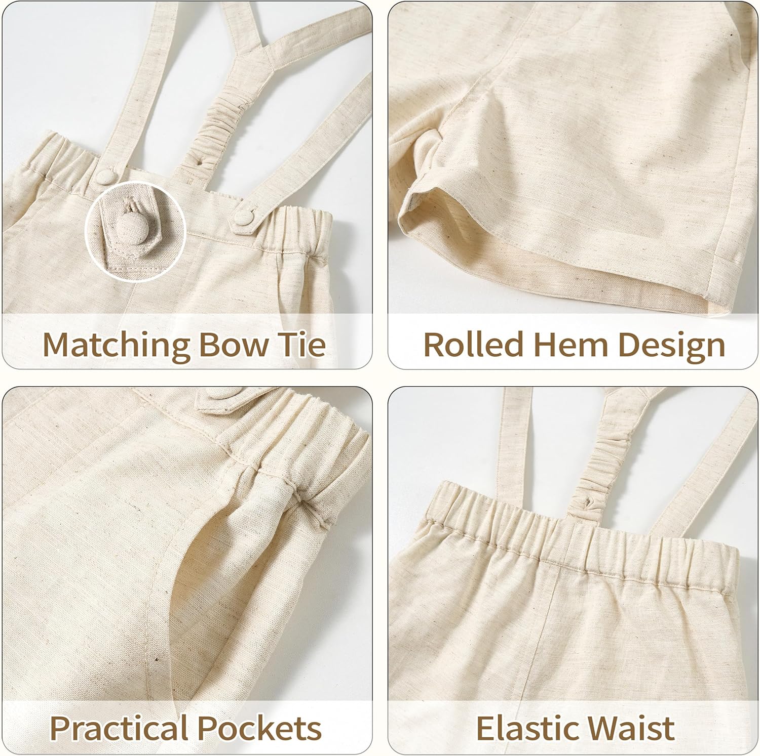 Thumbnail 3 de Volunboy Bambino Pantaloncini con Bretelle, Ragazzo Estivi Casual in lino cotone - 3 pezzi