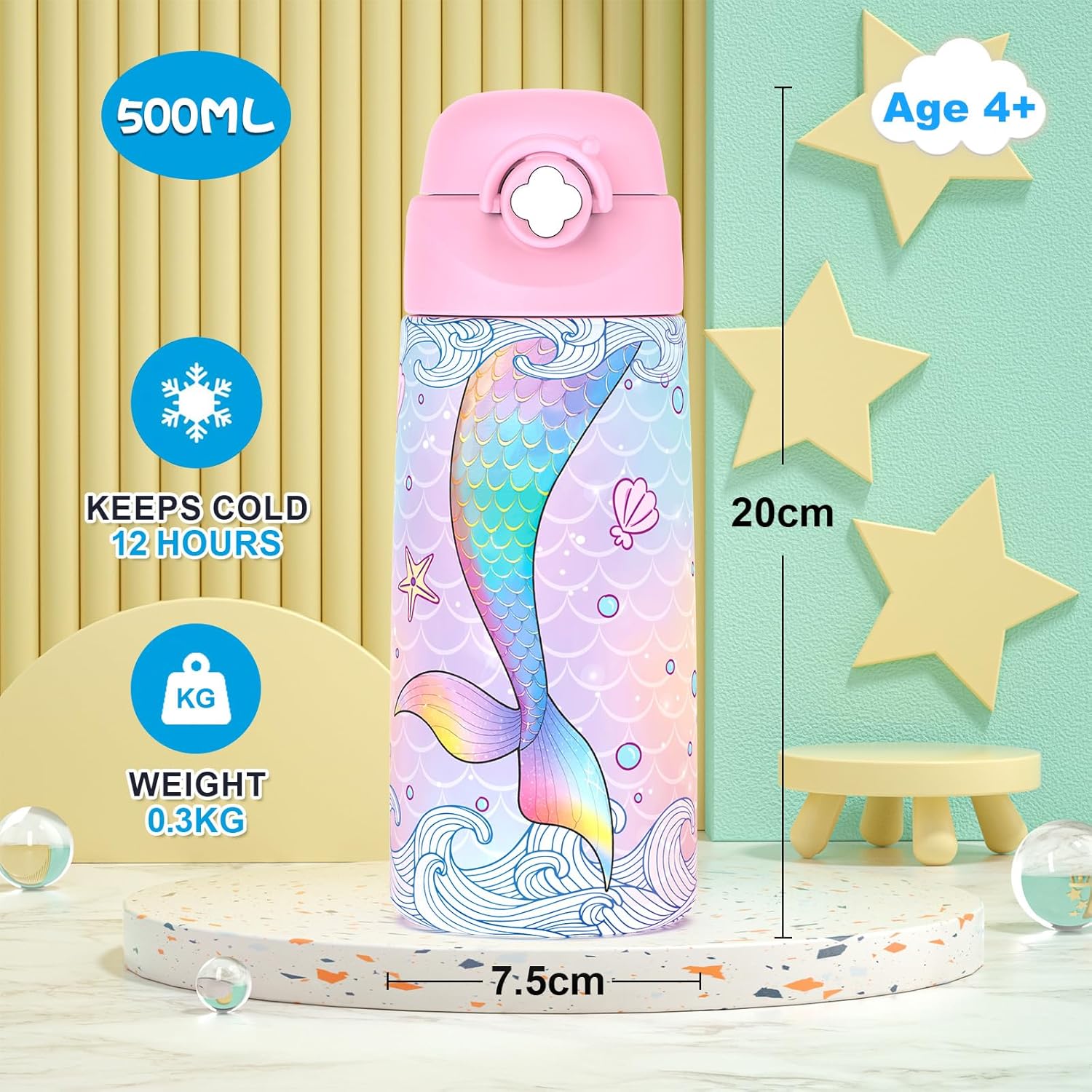 Thumbnail 1 de Ntswasd Girls Insulated Water Bottle (Mermaid) with Covered Pop-Up Straw, 500 ml