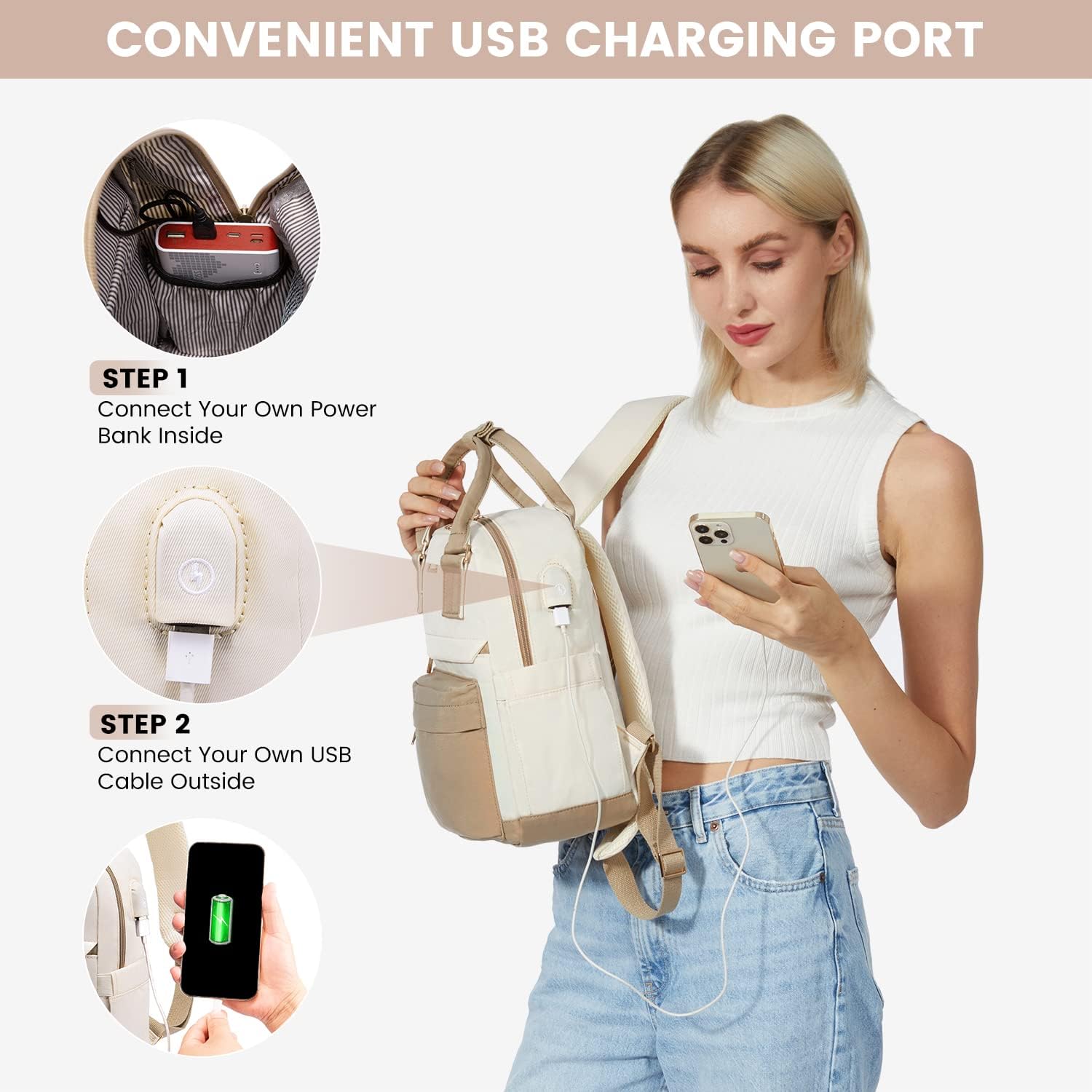 Detalle de LOVEVOOK Petit Sac à Dos Femme – Mini Sac à Dos Étanche et Antivol, USB Charge Portable, kaki/beige