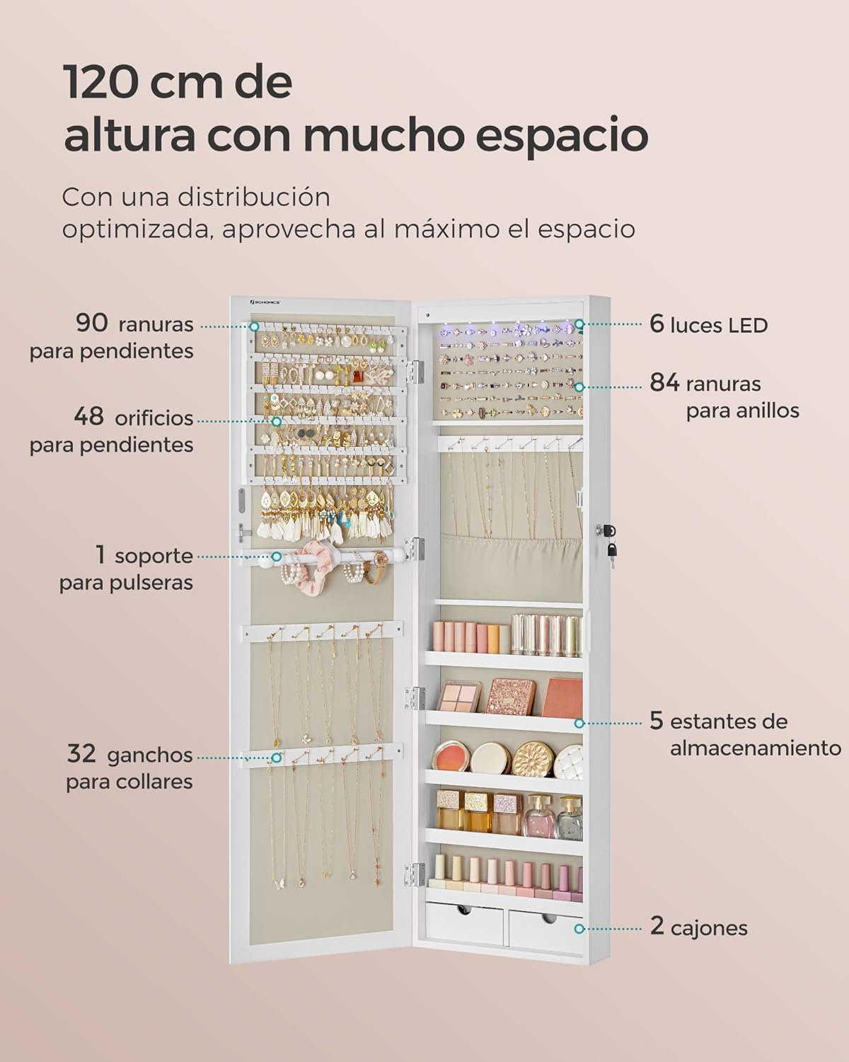 Detalle de SONGMICS JJC093W01 joyero de espejo 120 cm