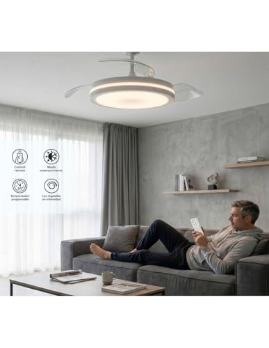 Detalle de JARDIN202 - Ventilador de Techo con Aspas Retráctiles, Motor DC y Luz LED Regulable