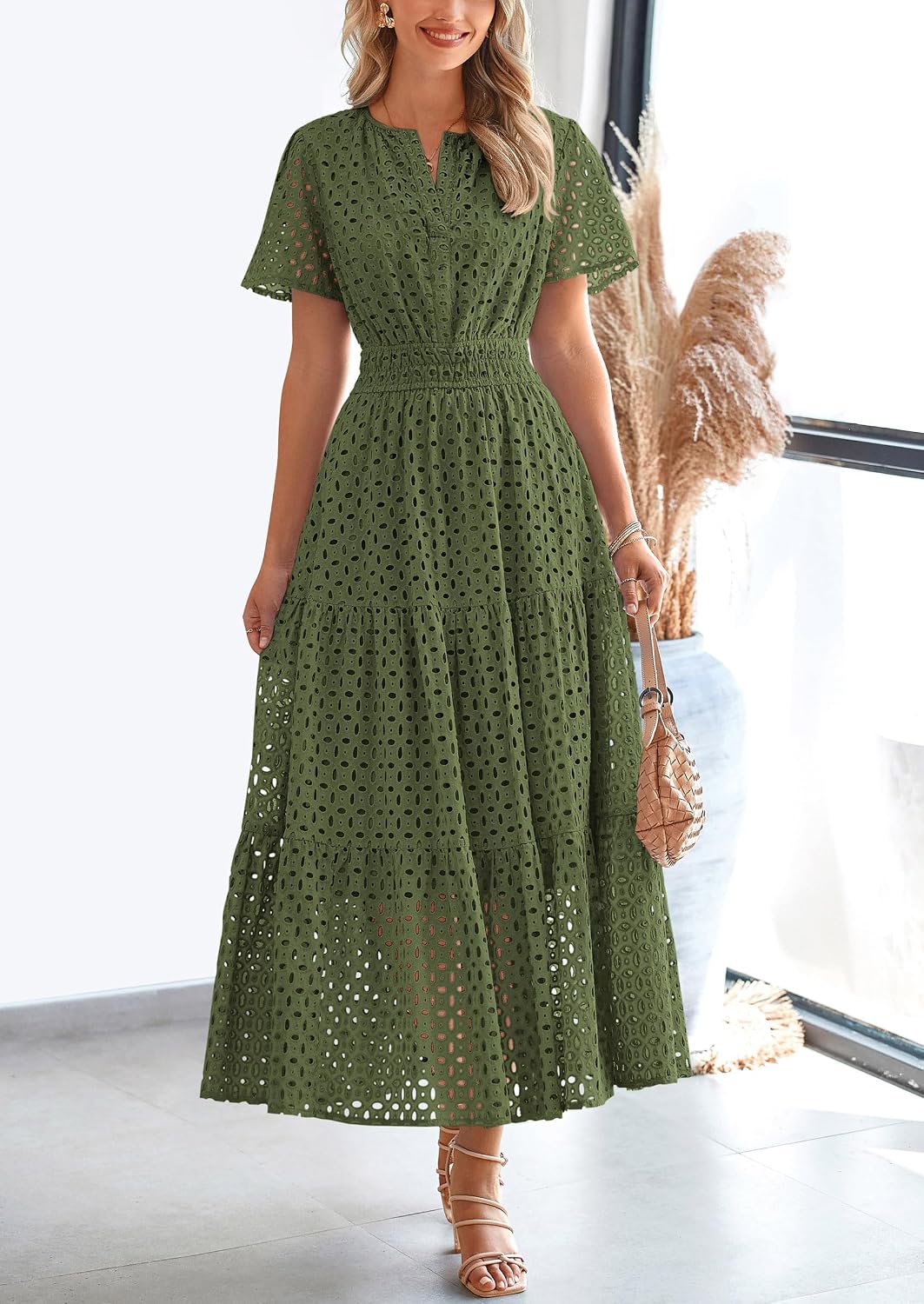 Detalle de PrettyGarden Women's 2026 Summer Maxi Dress with Eyelet — V-Neck A-Line Long Beach Dress