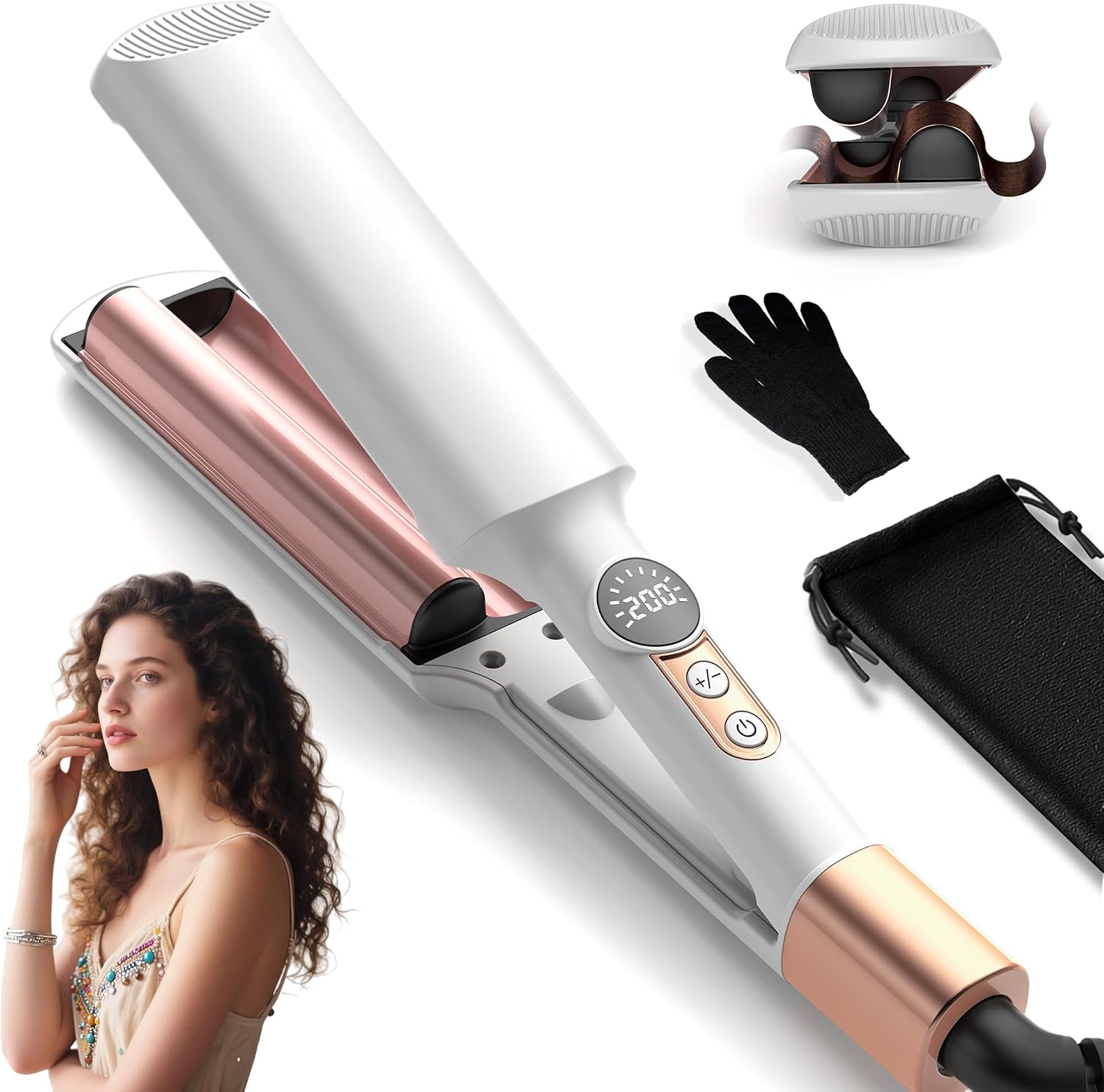 Detalle de UKLISS Welleneisen Pro Mini Mermaid Hair Waver mit LCD-Anzeige (120–210 °C) – Reisegröße