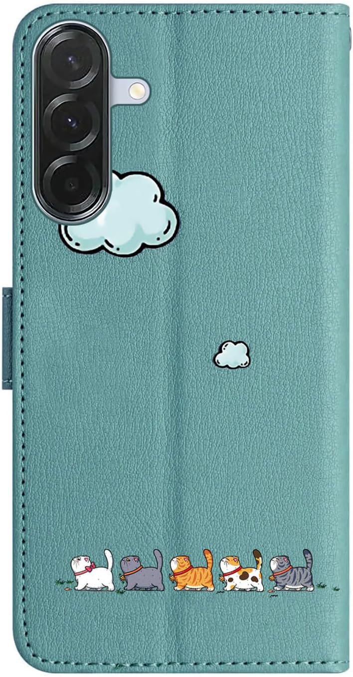Thumbnail 1 de Nbziyoo Lovely Cats Phone Case for Samsung Galaxy A16/A26 (Green) – Flip Wallet with Card Slots & Magnetic Stand