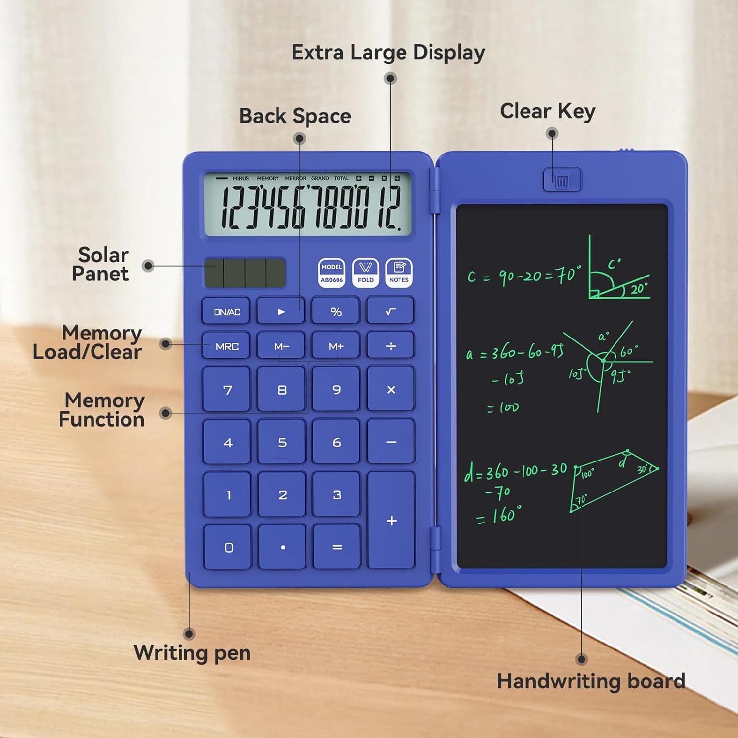 Detalle de ROATEE Foldable 2-in-1 Basic Calculator with Erasable LCD Tablet (Blue)