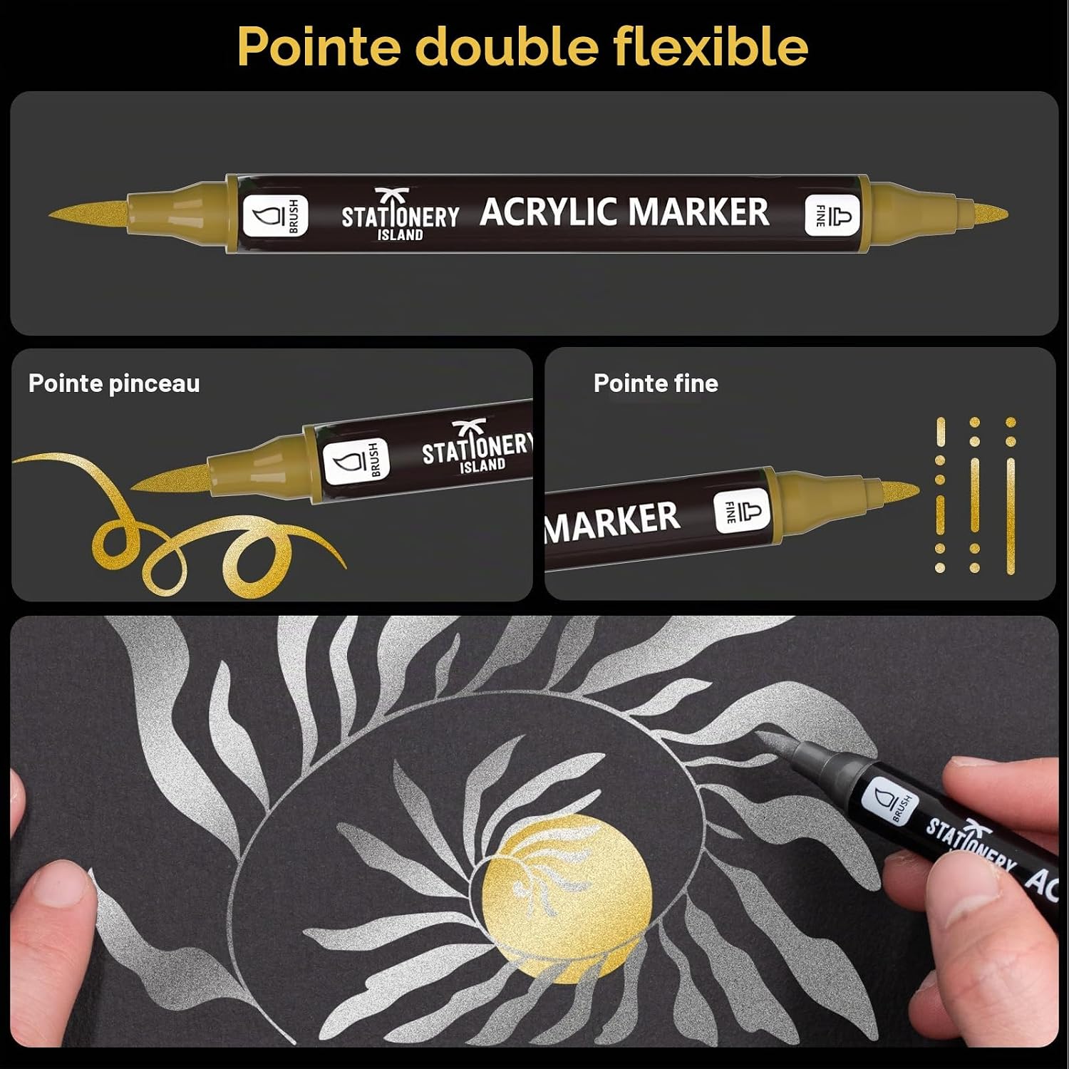 Thumbnail 4 de STATIONERY ISLAND Feutres Acryliques Métalliques – 12 Stylos Or, Argent, Blanc et Noir