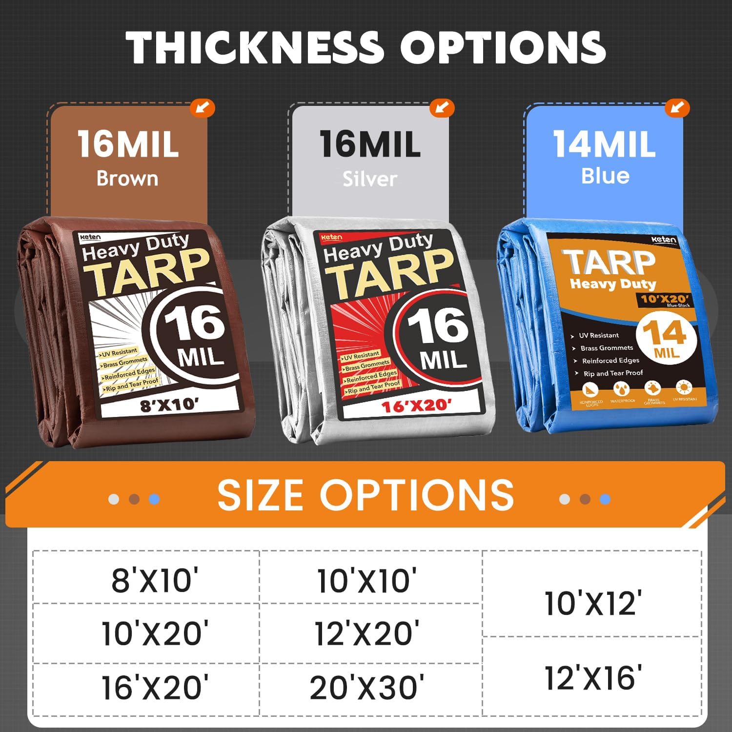Thumbnail 6 de Keten Tarps Heavy Duty Waterproof 12x20 Feet (Extra Thick 16 Mil) — UV Blocking Outdoor Tarp with Reinforced Grommets