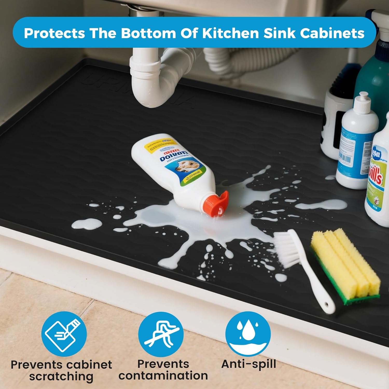 Thumbnail 3 de URMONA 22" x 14" Waterproof Silicone Under Sink Mat, Cabinet & Counter Protector (Black)