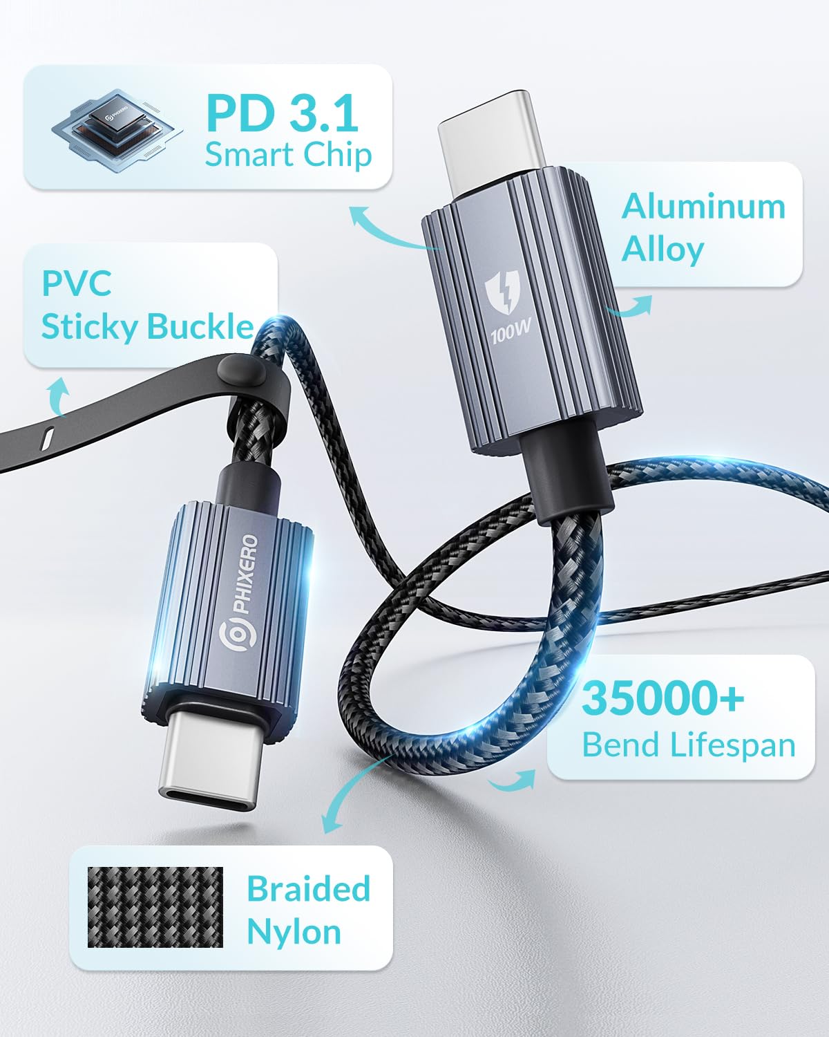 Detalle de PHIXERO 100W USB-C-auf-USB-C Kabel 3 m – Nylongeflochtenes PD 3.0 Kabel für MacBook, iPhone 17/16/15, Galaxy S25/S24, Steam Deck