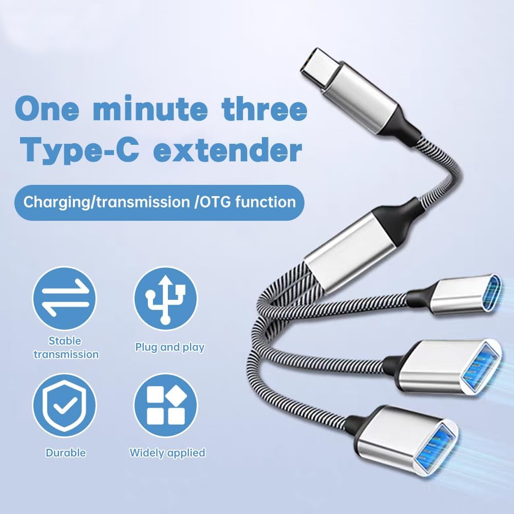 Detalle de USB Splitter with 3 Ports – 1-in-3-Out USB Male to Three Female Extension Hub with Braided Cable