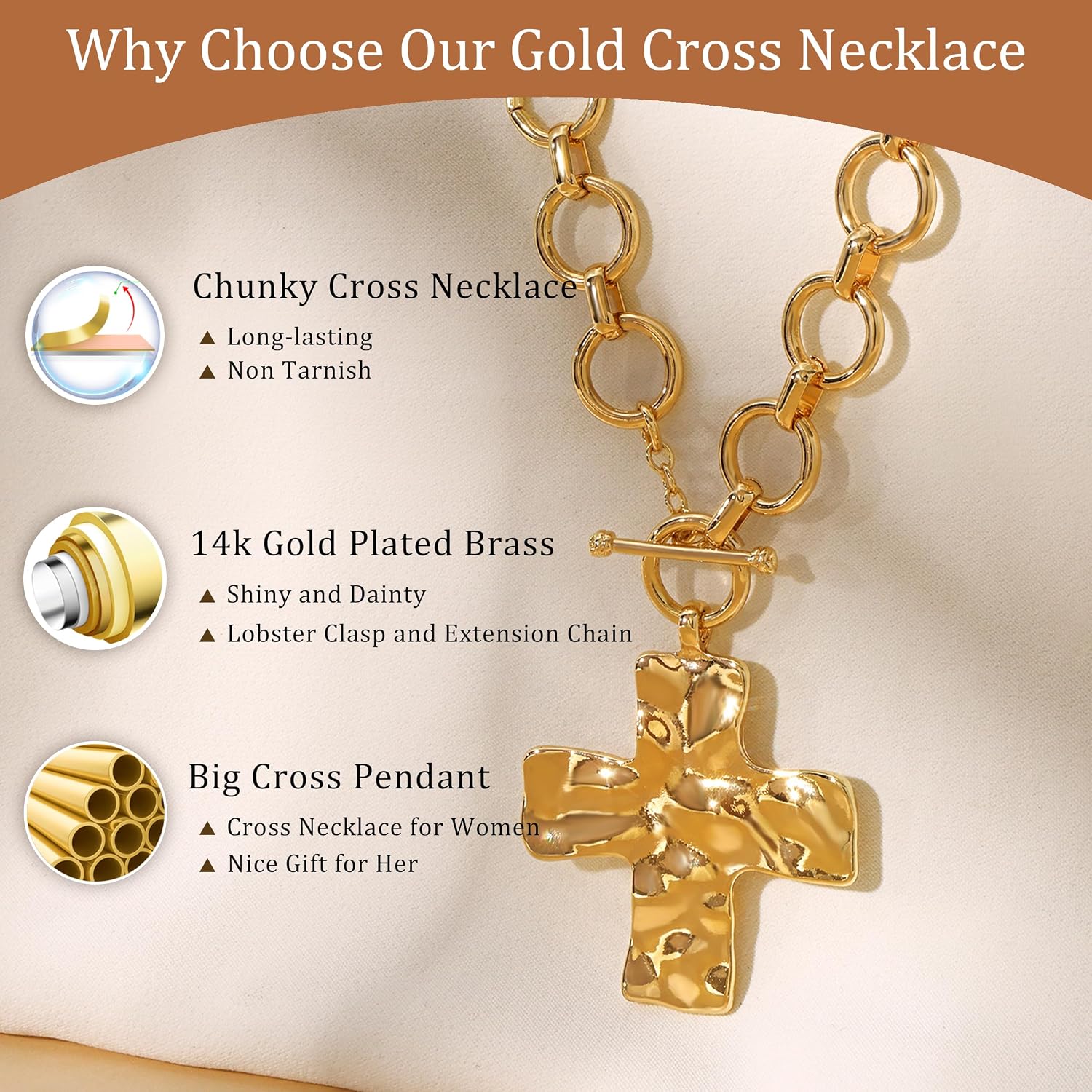Detalle 1 de CHESKY Cross Necklace, 14K Gold-Plated Brass