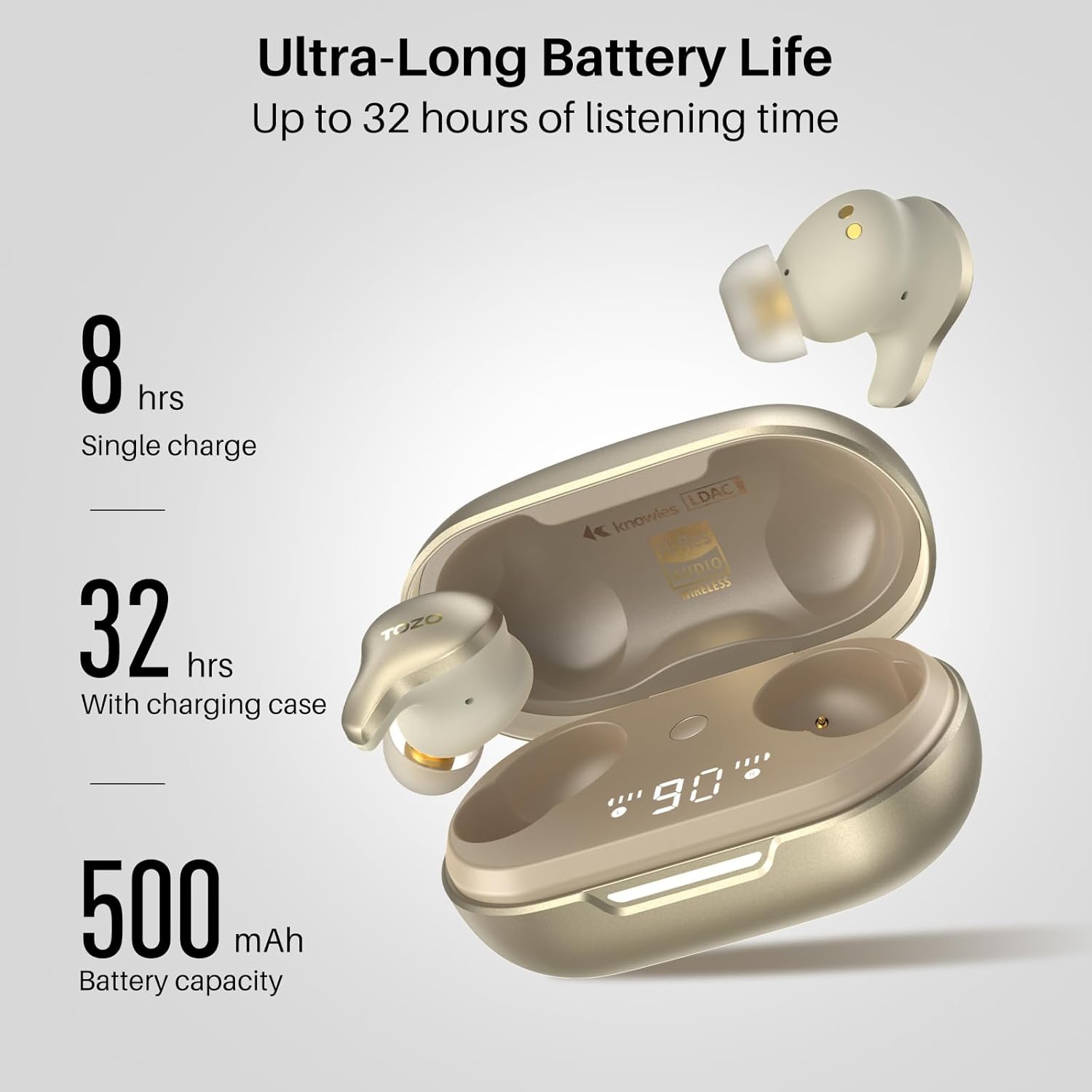 Detalle de TOZO Golden X1 Wireless Earbuds: Hybrid Driver, LDAC, and ANC in Champagne