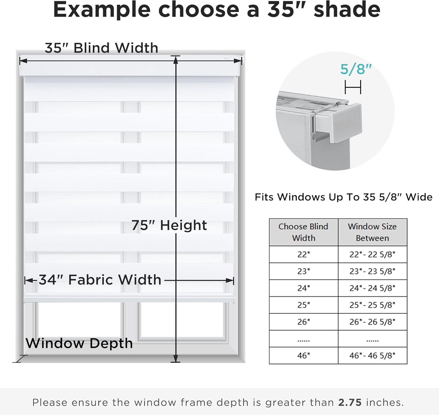 Detalle de Joydeco No Drill Zebra Blinds (Cordless Day & Night Roller Shades) for Windows, White, 33"W x 75"H