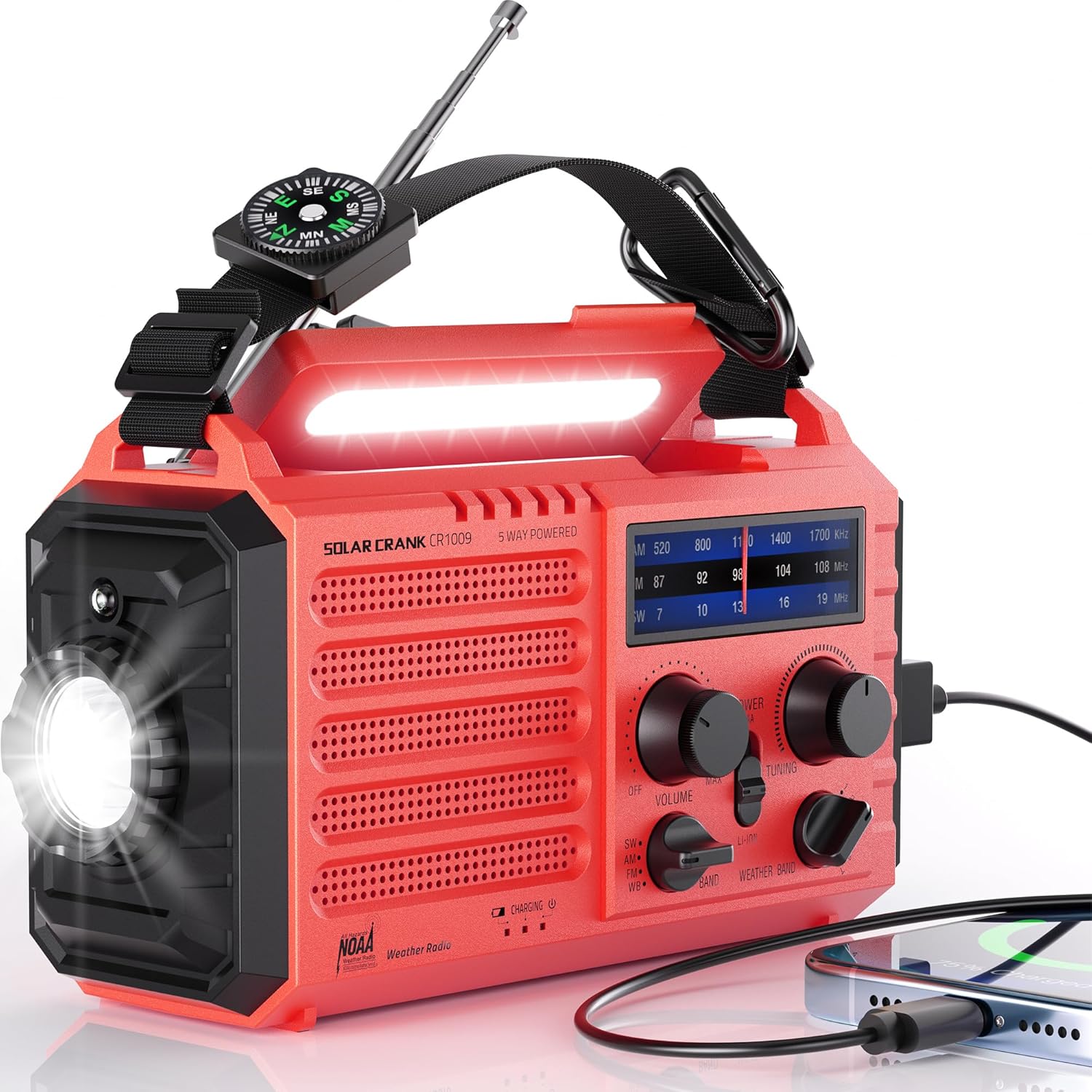 Thumbnail 6 de Radio d’urgence à manivelle et solaire avec AM/FM & météo NOAA, alarme SOS et boussole
