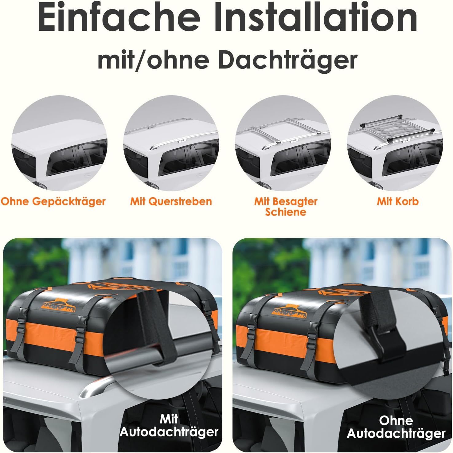 Detalle de Rymopuey Faltbare Dachbox 15–21 m³, 700D Wasserdicht mit Anti-Rutsch-Matte und 6 Gurten – Orange
