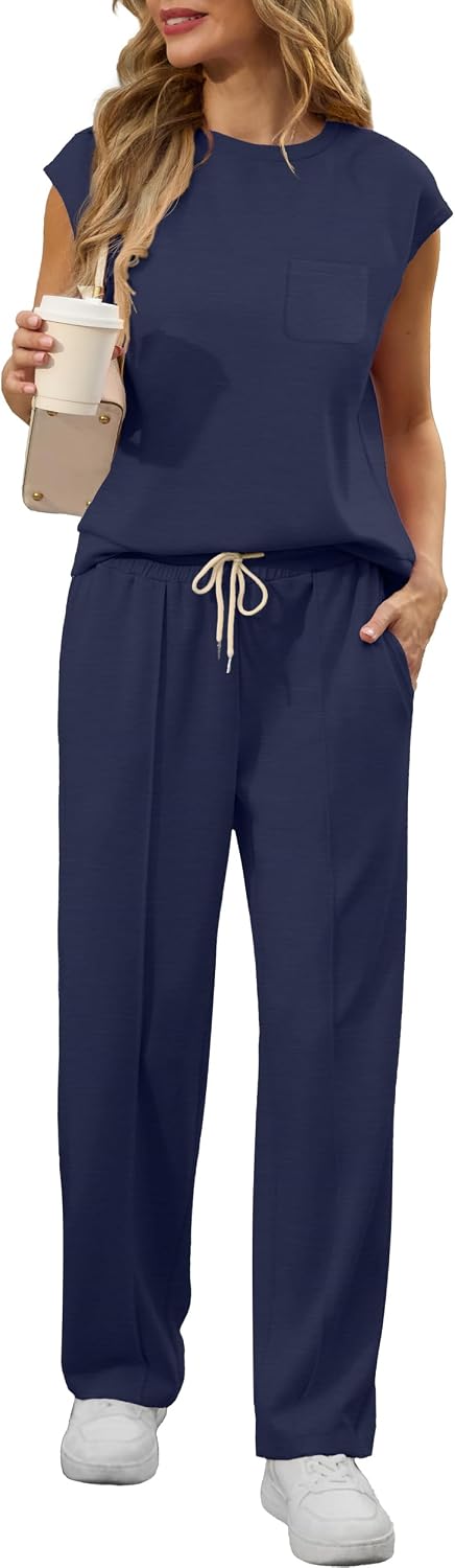 Detalle 2 de GRECERELLE Two Piece Women’s Summer Tracksuit Set – Crew Neck Cap Sleeve Top & Jogging Bottoms with Pockets