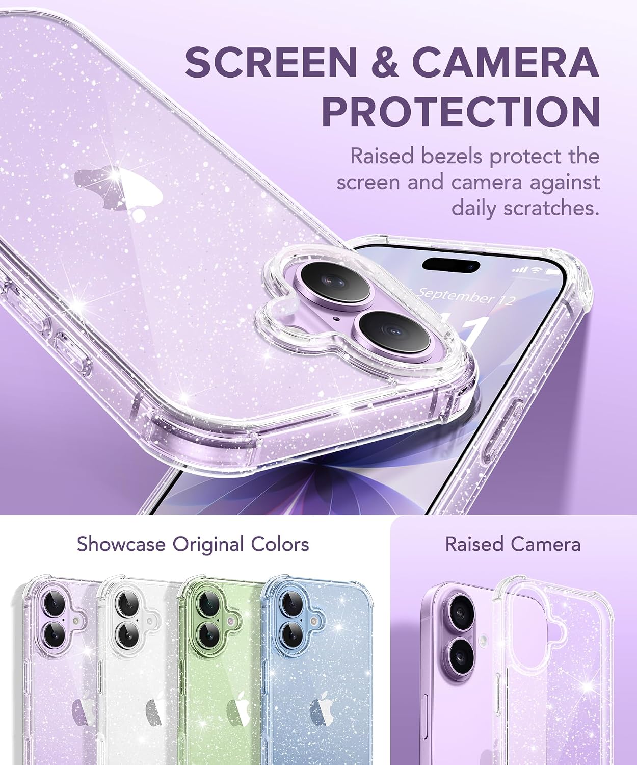 Thumbnail 1 de BERFY for iPhone 17 Women’s Clear Glitter Case (Sparkle Clear) with Screen & Camera Lens Protectors, 6.3