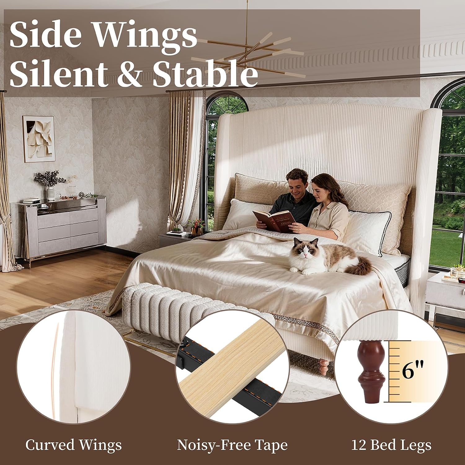 Detalle de Ihanherry KK-FBE002 King Bed Frame, 66" Wingback Headboard, Cream Corduroy