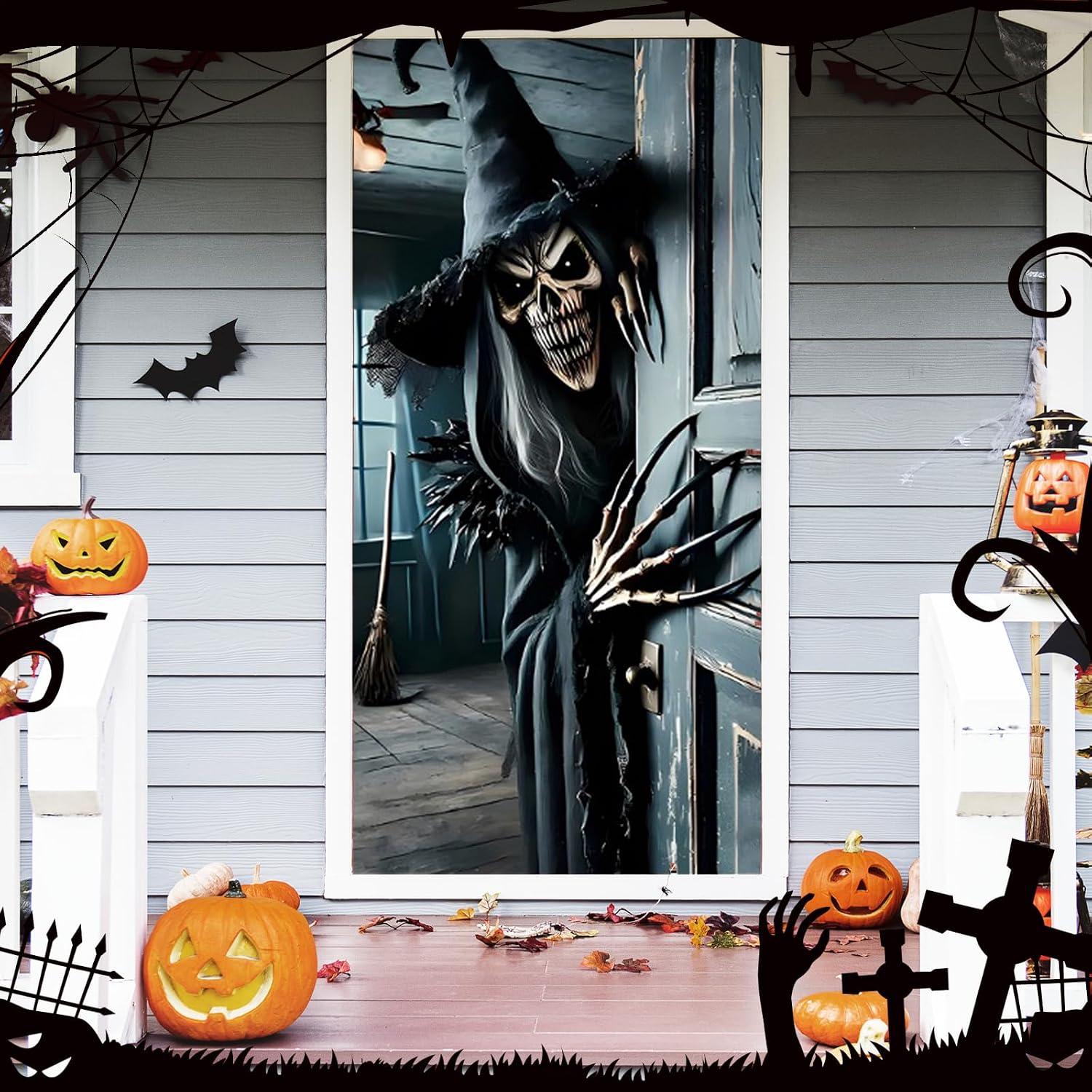Thumbnail 2 de ILMFMY Halloween-deurbanner 180 x 90 cm met heksenskelet van polyester