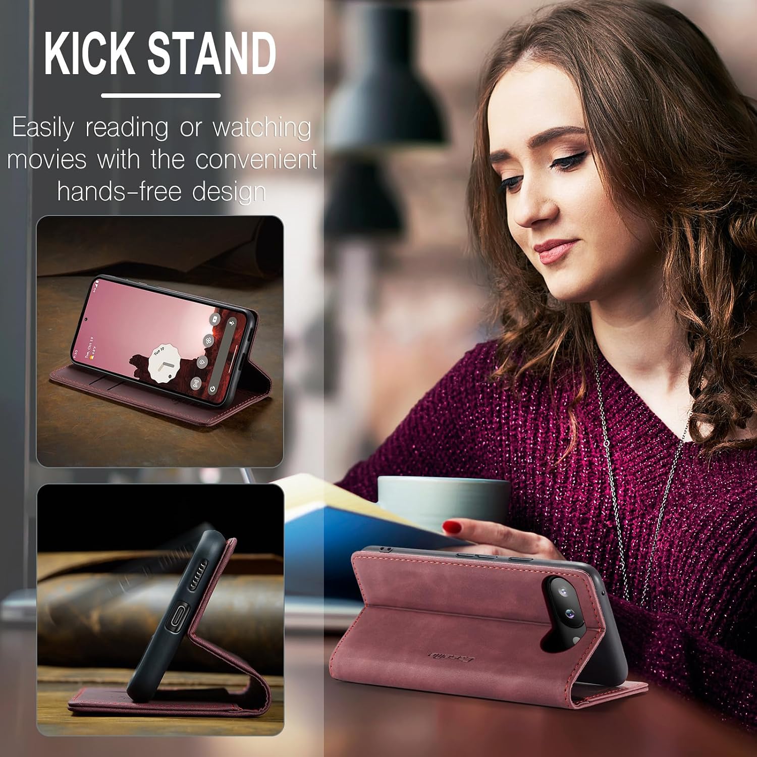 Detalle de Ottcooed Premium Leder Flip Case für Google Pixel 9a – Weinrot, Magnetverschluss, Standfunktion & Kartenfach