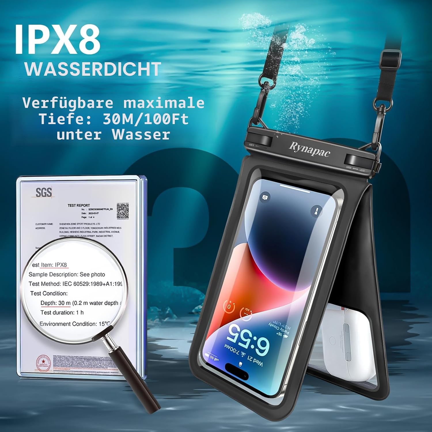 Detalle de Rynapac wasserdichte Handyhülle 2er-Set: IPX8 bis 30 m, für Smartphones bis 8 Zoll