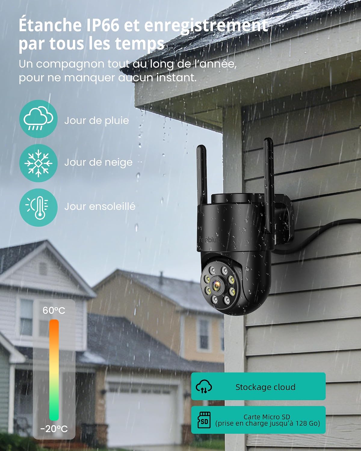 Detalle de Reobiux Caméra de surveillance extérieure 2K PTZ WiFi 2,4 GHz avec suivi humain et audio bidirectionnel