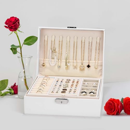 Detalle de Yarmiene Joyero Mujer Organizador de Dos Niveles en Cuero PU, 23x17x9 cm – Blanco Perla
