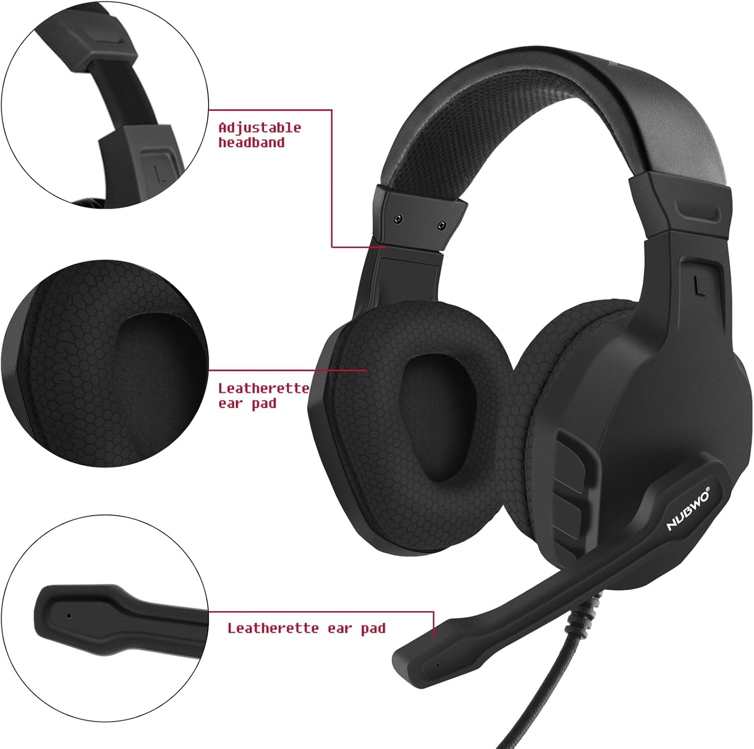 Detalle de NUBWO U3 Gaming Headset with Mic – Wired Over-Ear Headphones for PC, PS4, PS5, Xbox One, Switch, Mac