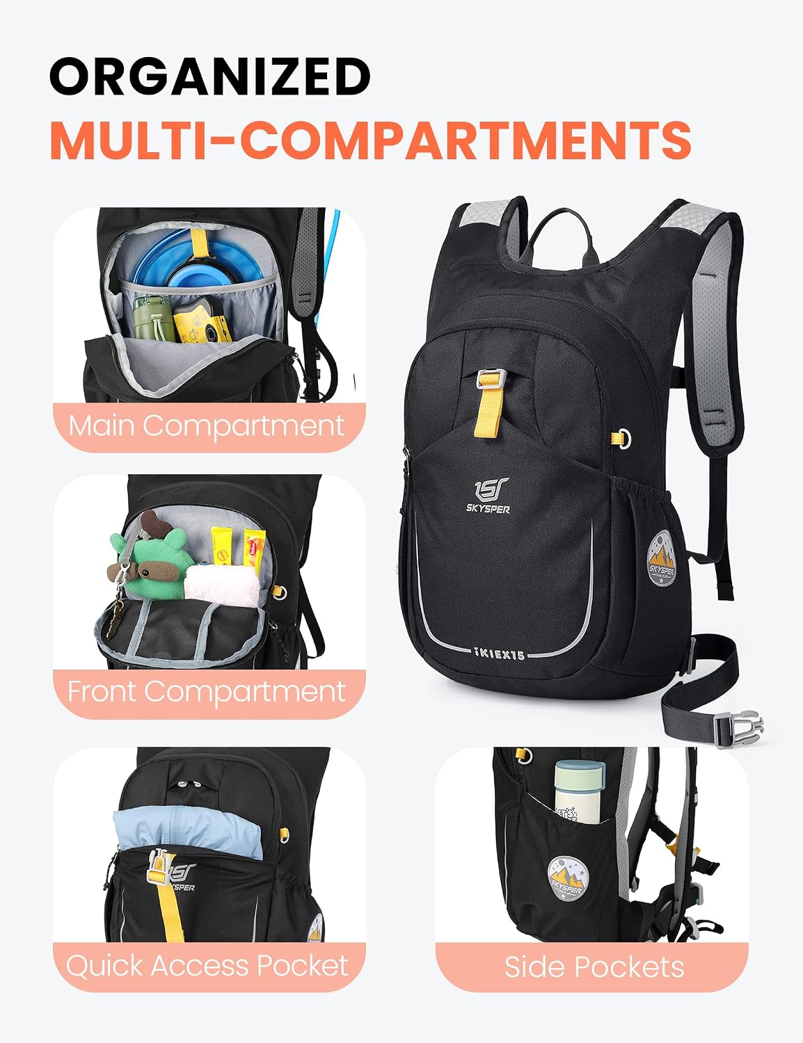 Detalle de SKYSPER Kinderrucksack 15L – leichter Wanderrucksack mit Hydrationsfach & Sicherheitspfeife